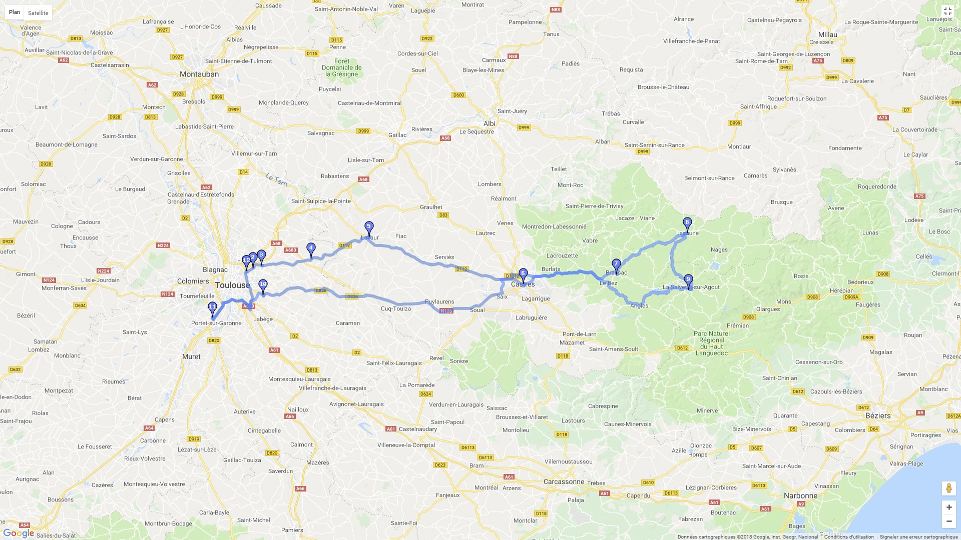 Pour zoomer sur la carte et avoir plus de détails, connectez-vous ! Carte roadbook Haut Languedoc