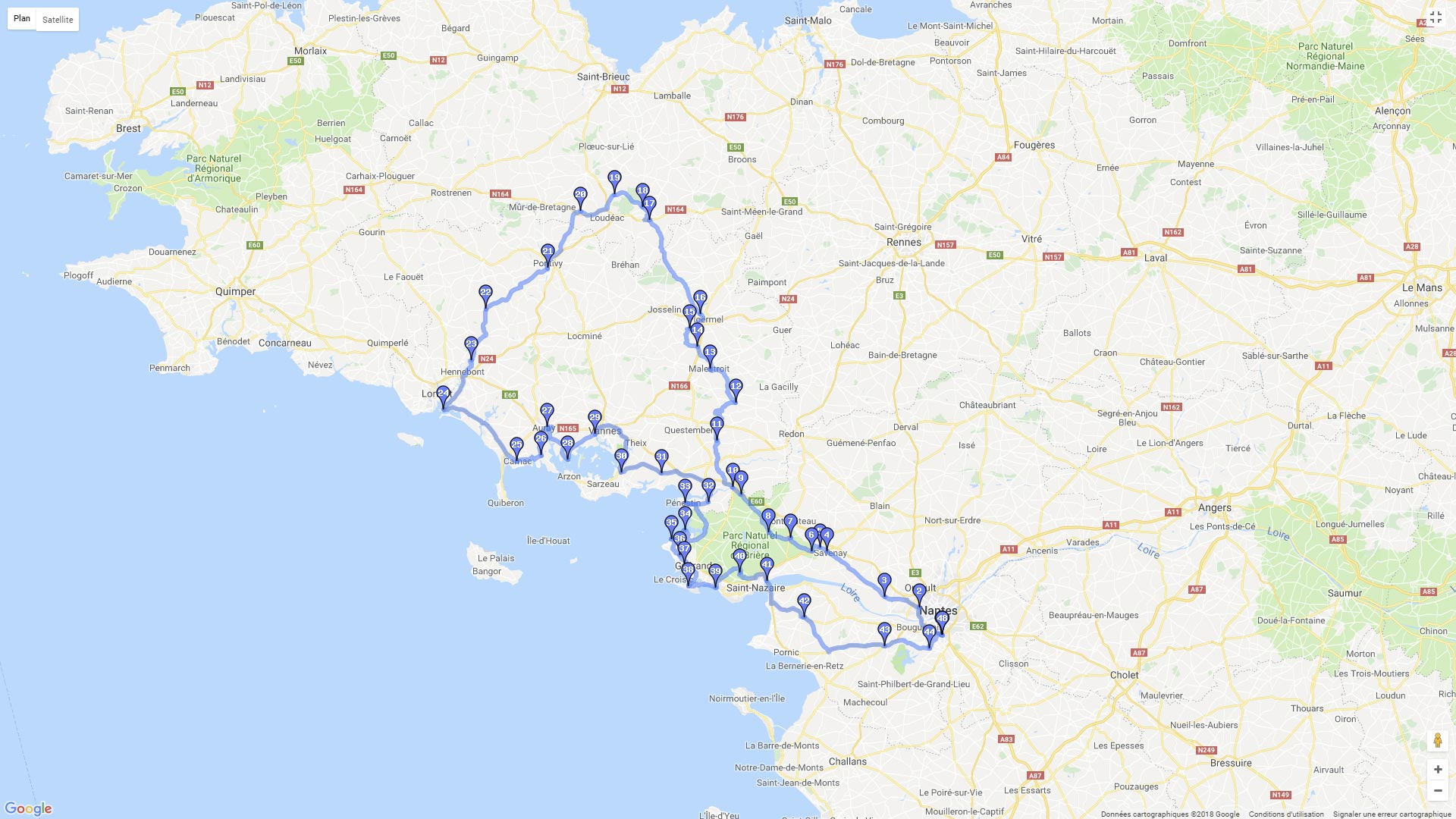 Pour zoomer sur la carte et avoir plus de détails, connectez-vous ! Carte roadbook Bretagne sud et Morbihan