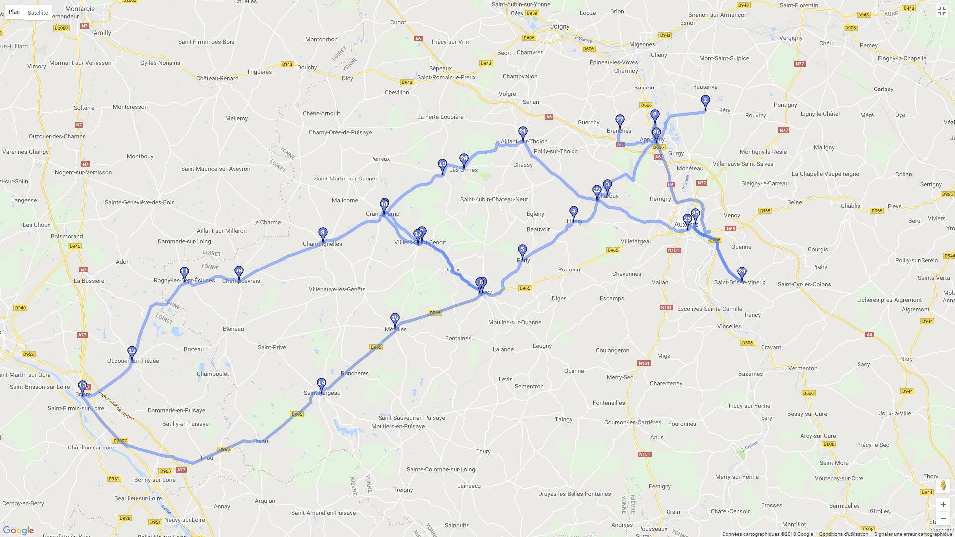 Pour zoomer sur la carte et avoir plus de détails, connectez-vous ! Carte roadbook Auxerre-Briare