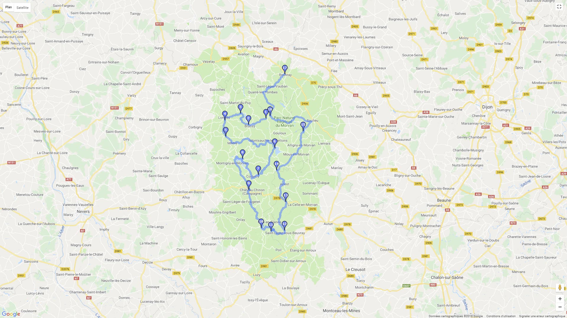 Pour zoomer sur la carte et avoir plus de détails, connectez-vous ! Carte roadbook Les Monts du Morvan