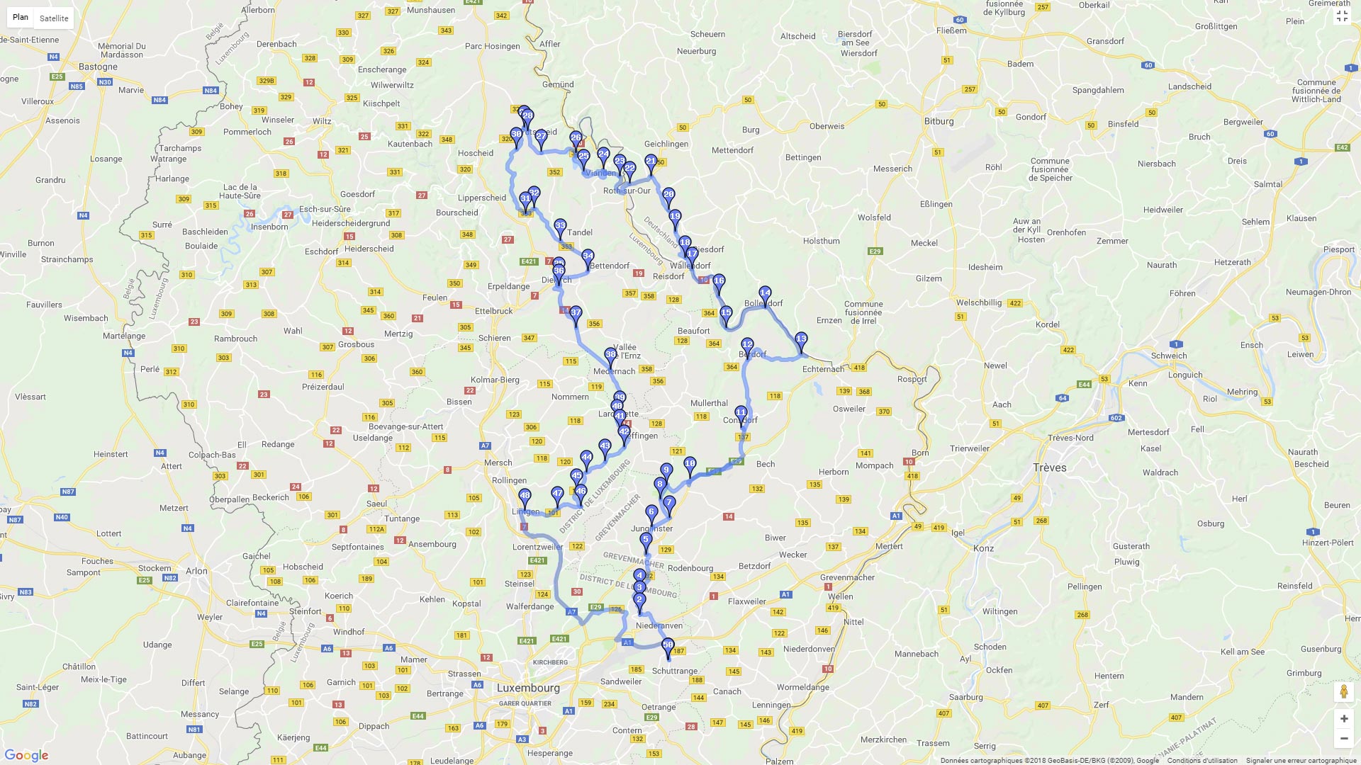 Pour zoomer sur la carte et avoir plus de détails, connectez-vous ! Carte roadbook Luxembourg