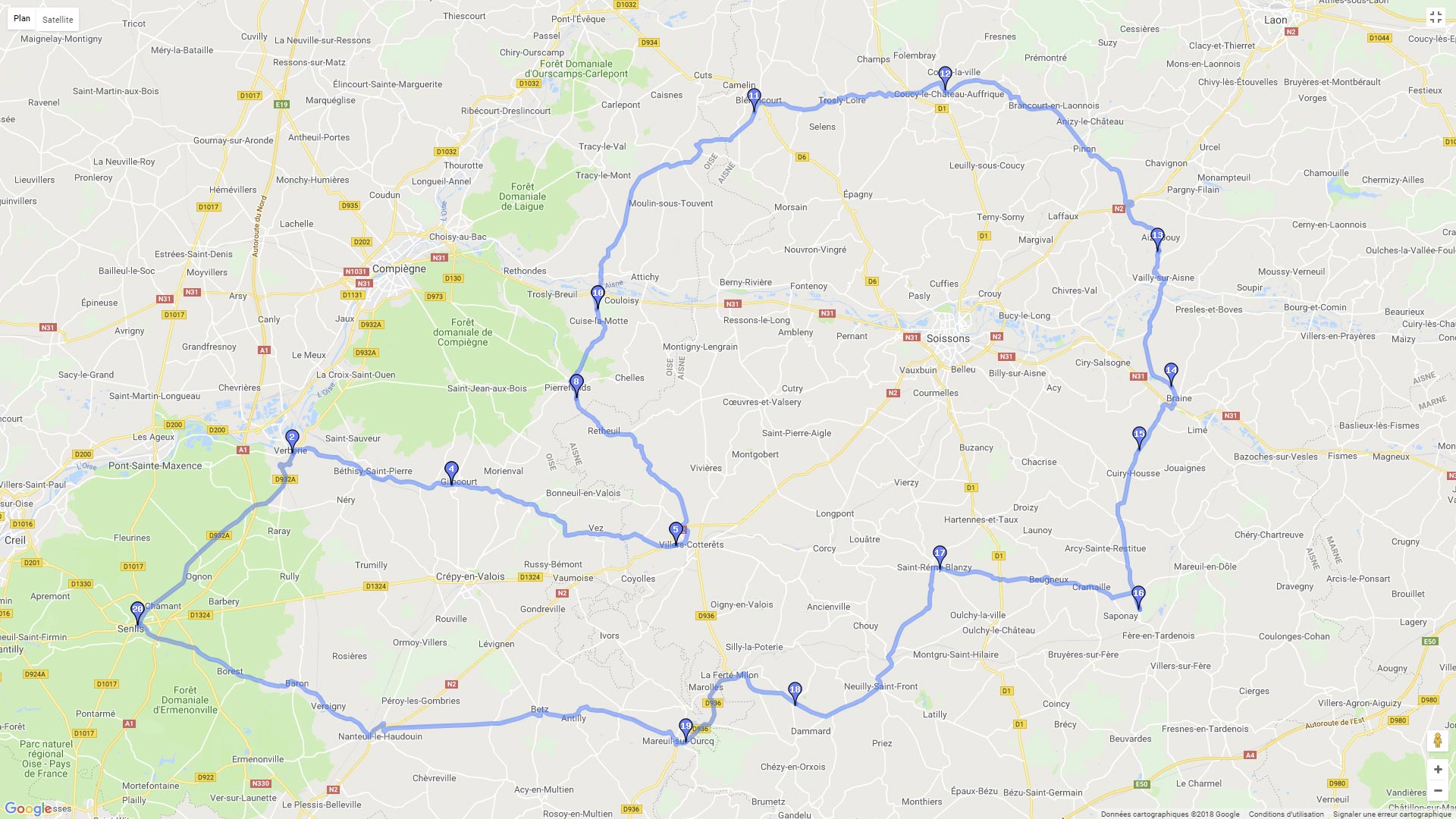Pour zoomer sur la carte et avoir plus de détails, connectez-vous ! Carte roadbook Entre l'Oise et l'Aisne