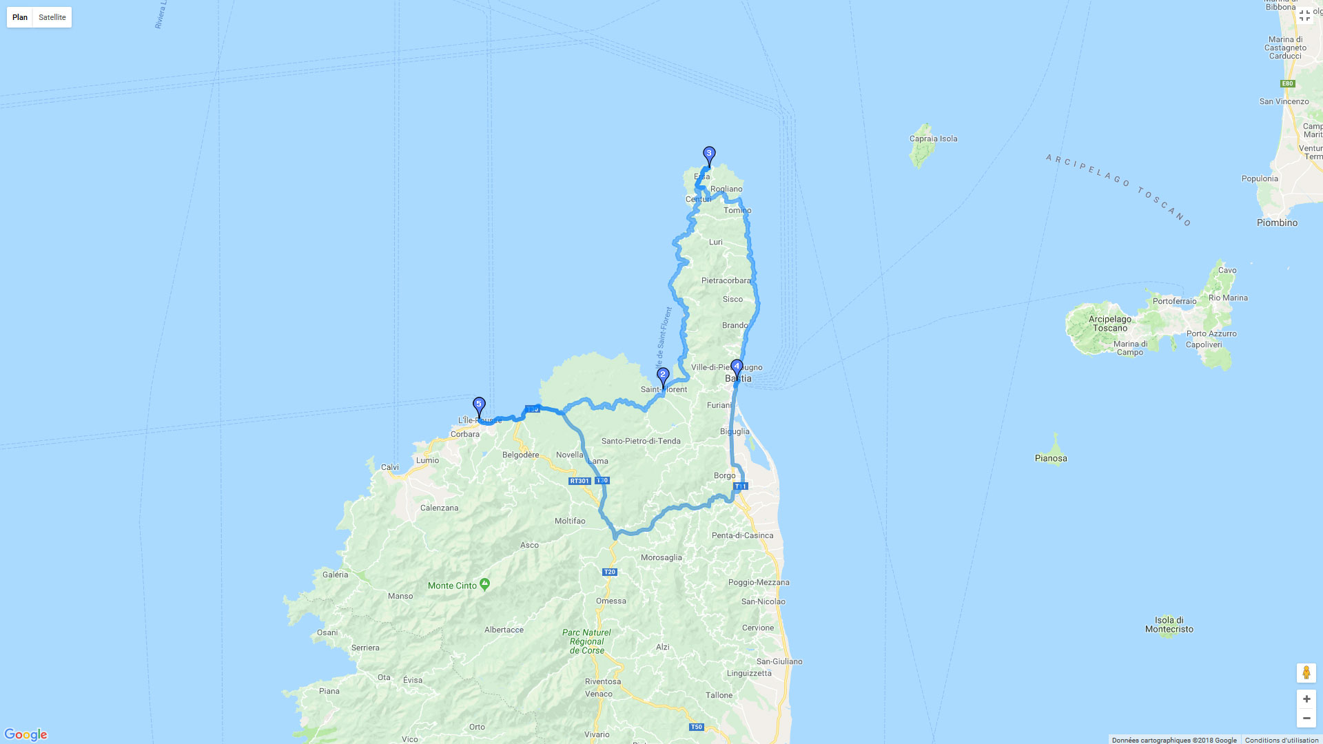 Pour zoomer sur la carte et avoir plus de détails, connectez-vous ! Carte roadbook Ile Rousse-Cap Corse