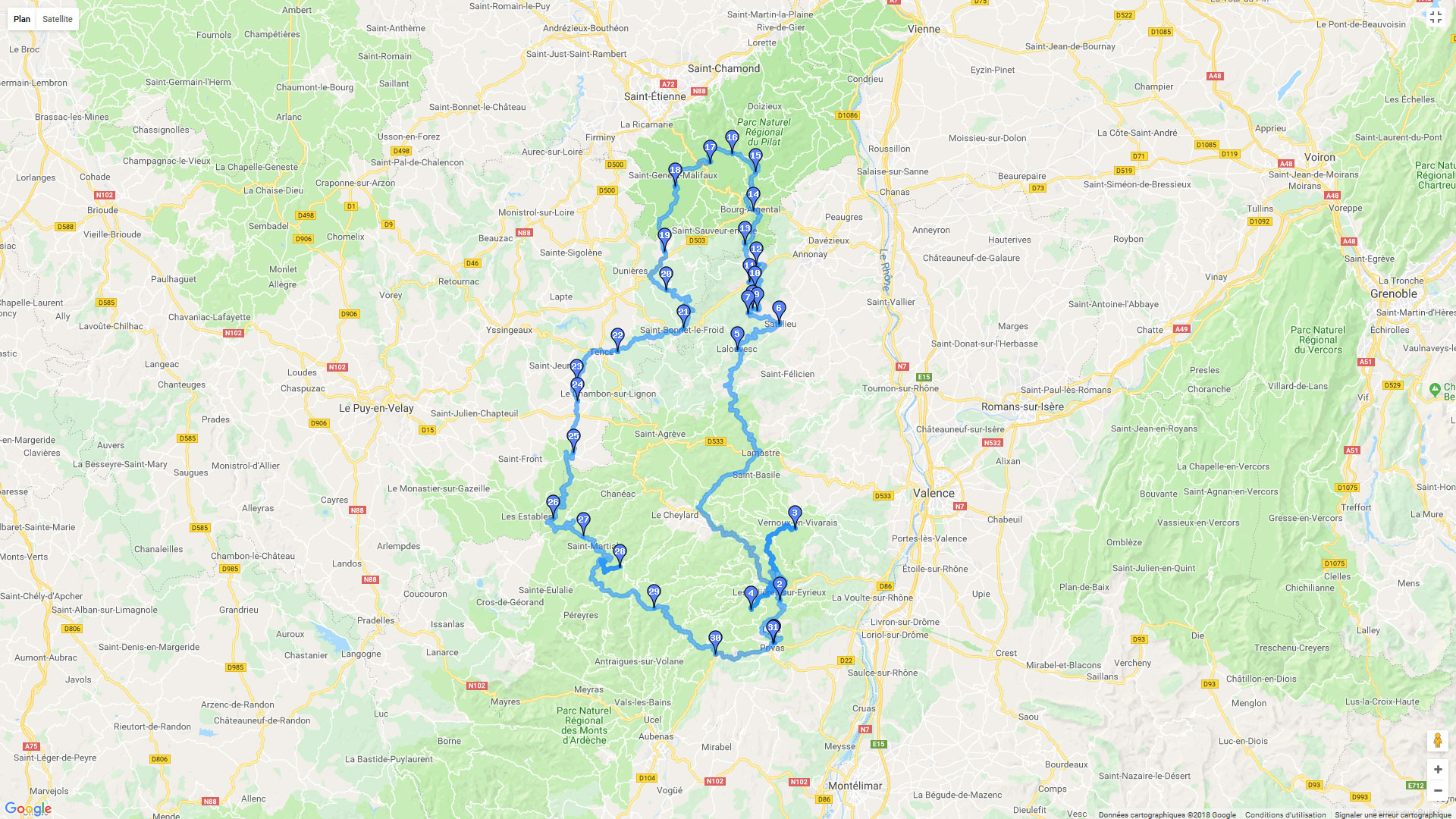 Pour zoomer sur la carte et avoir plus de détails, connectez-vous ! Carte roadbook Mont du Pilat