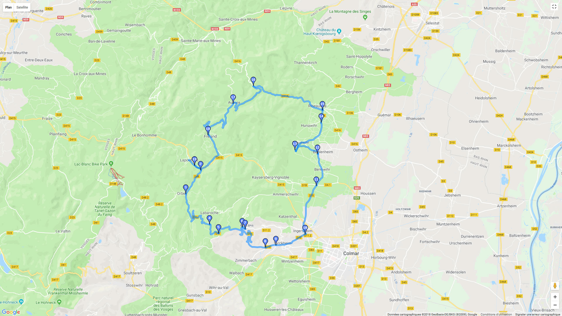 Pour zoomer sur la carte et avoir plus de détails, connectez-vous ! Carte roadbook Alsace depuis Colmar