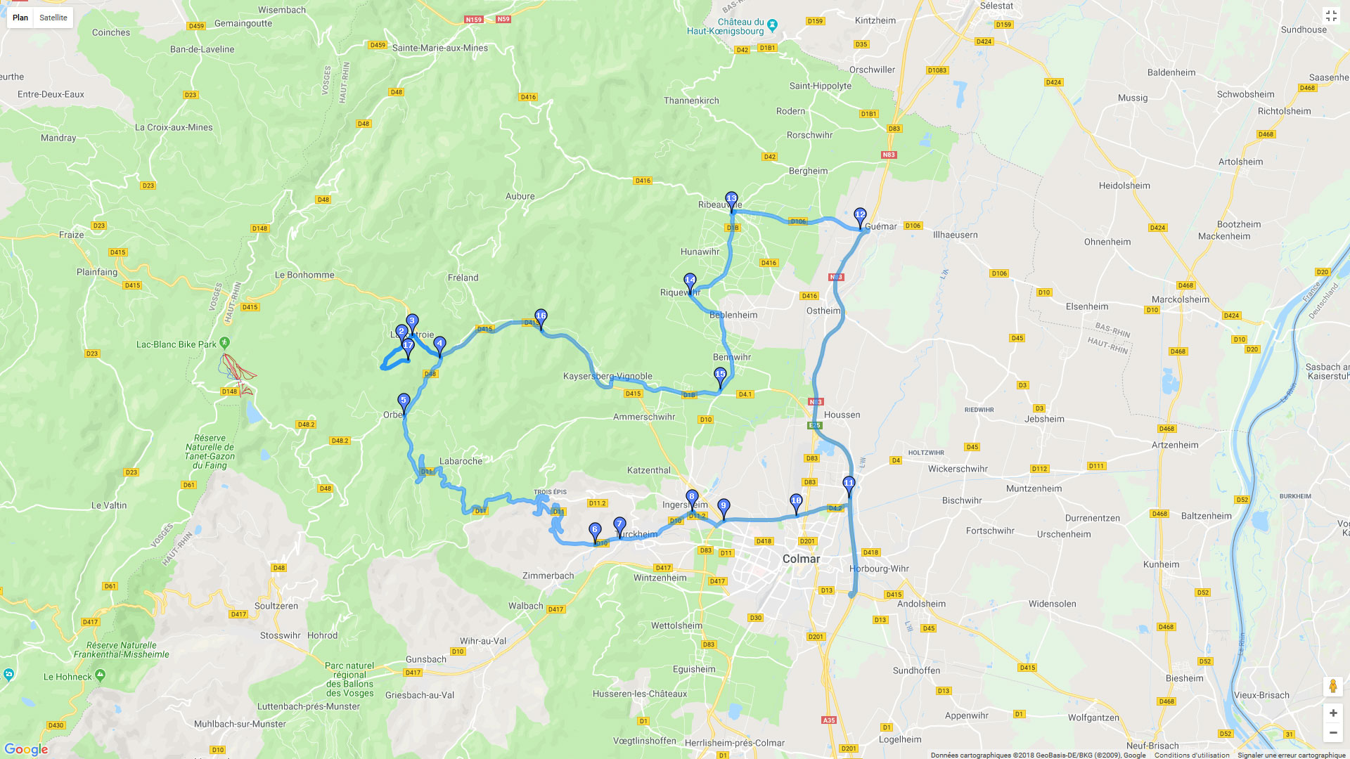 Pour zoomer sur la carte et avoir plus de détails, connectez-vous ! Carte roadbook Alsace et nord de Colmar