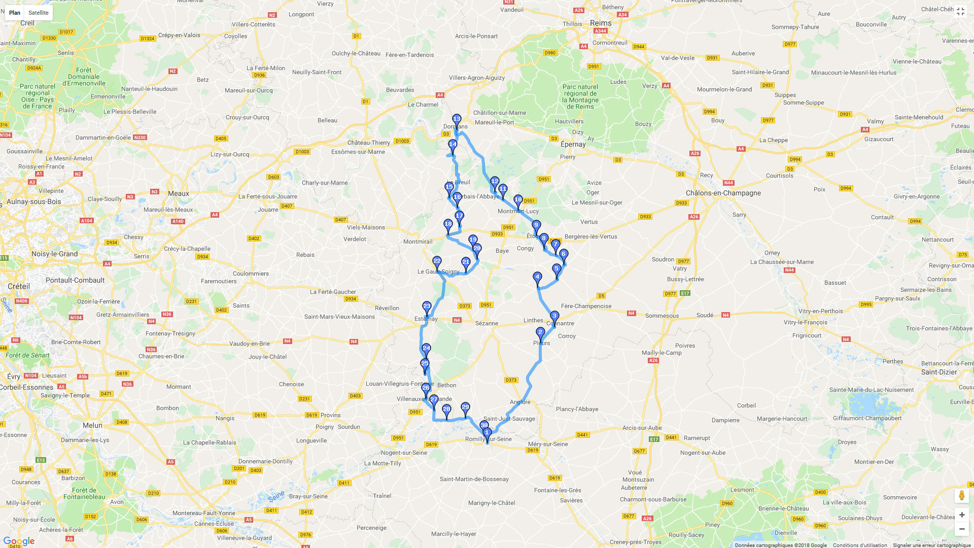 Pour zoomer sur la carte et avoir plus de détails, connectez-vous ! Carte roadbook Au sud de la Montagne de Reims