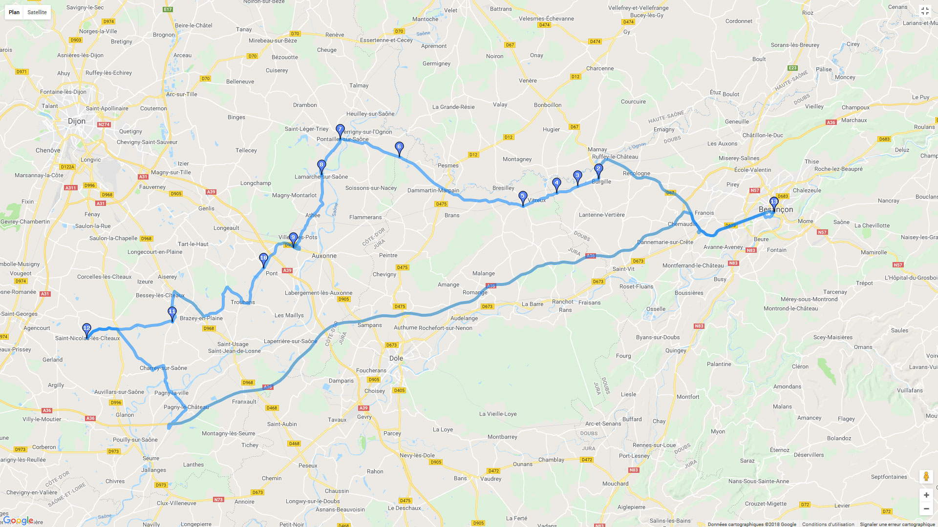 Pour zoomer sur la carte et avoir plus de détails, connectez-vous ! Carte roadbook Besançon ouest et sud de Dijon