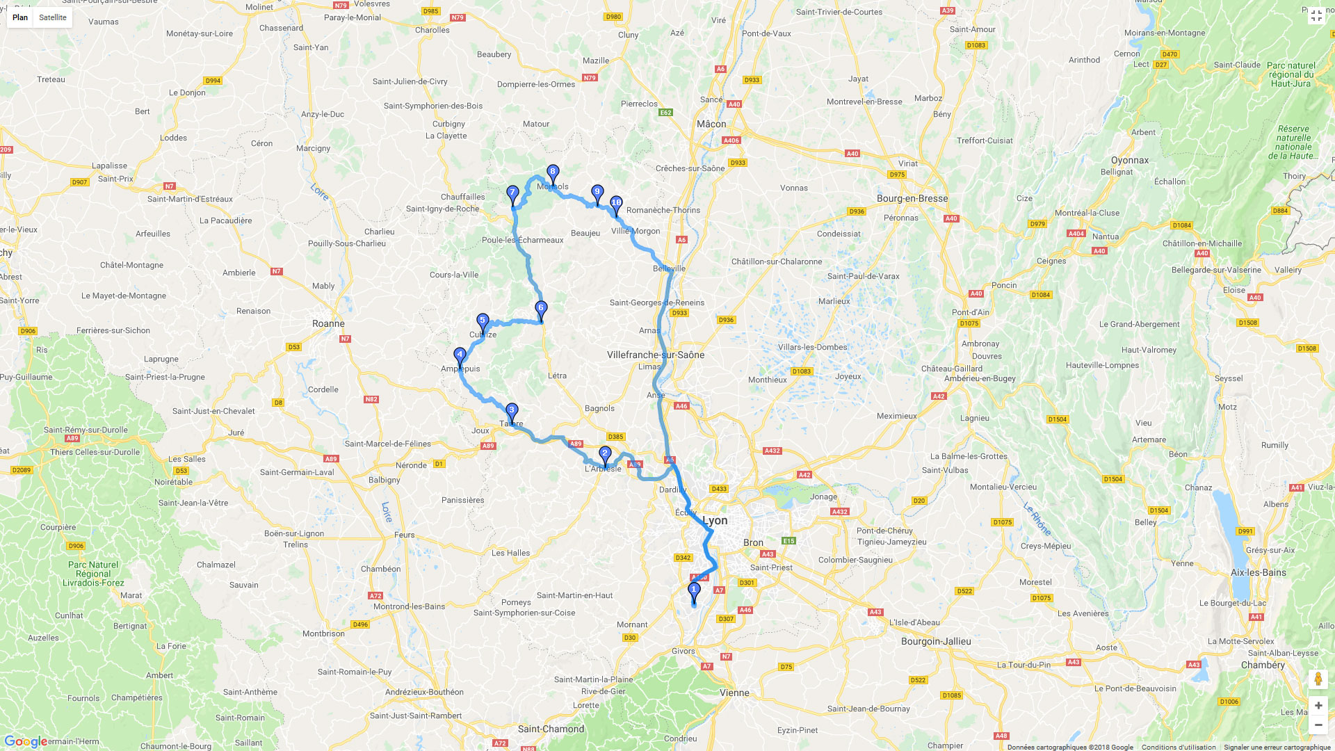 Pour zoomer sur la carte et avoir plus de détails, connectez-vous ! Carte roadbook Beaujolais
