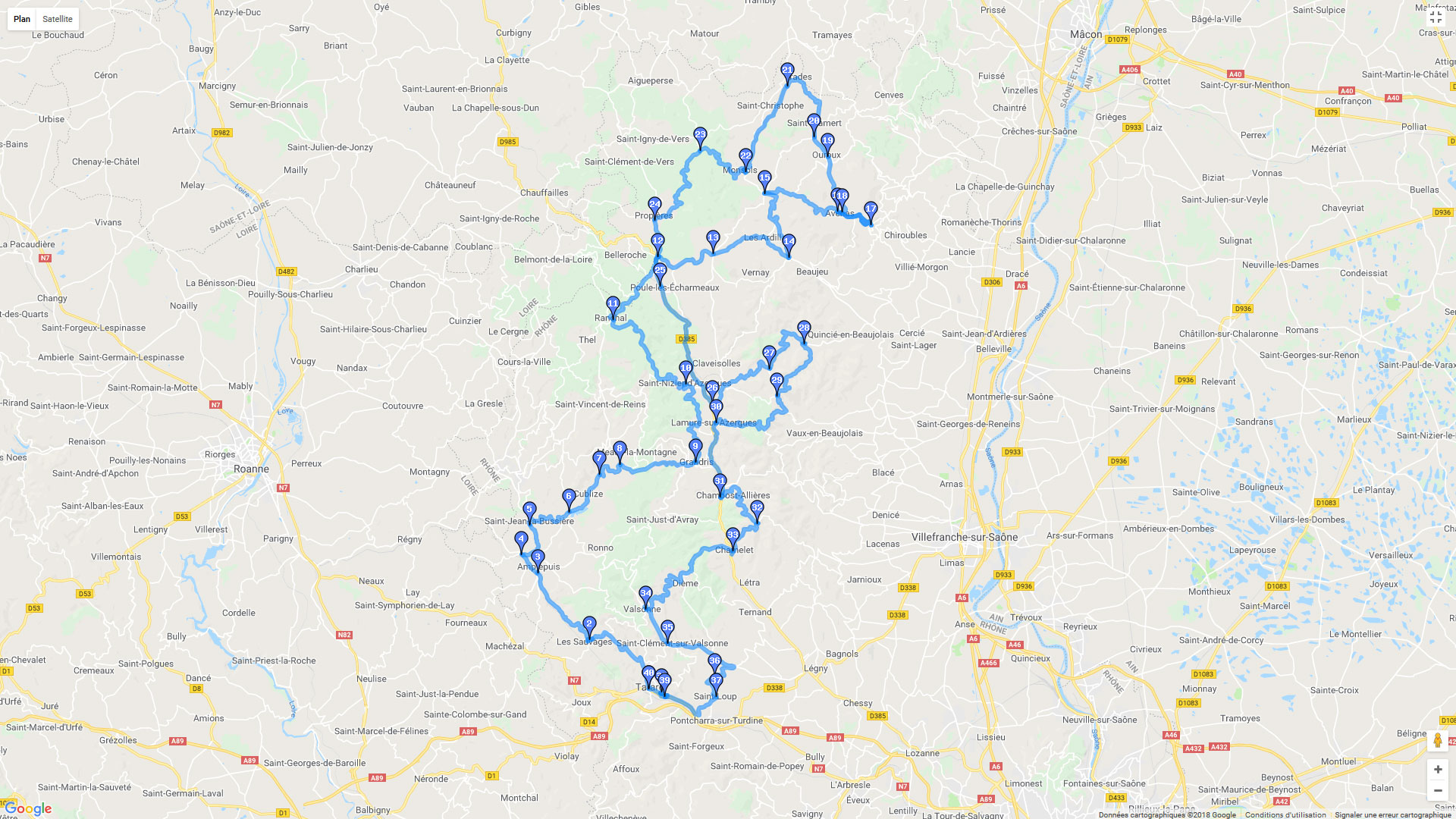 Pour zoomer sur la carte et avoir plus de détails, connectez-vous ! Carte roadbook Circuit en Beaujolais Vert