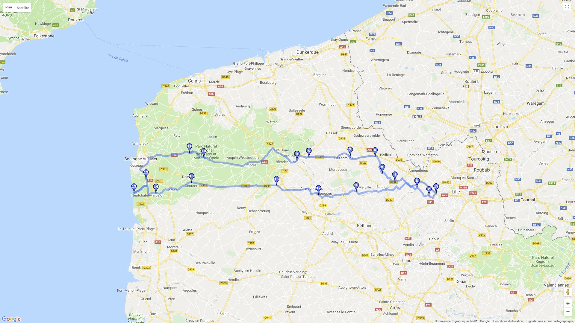 Pour zoomer sur la carte et avoir plus de détails, connectez-vous ! Carte roadbook Hardelot Plage et le Boulonnais