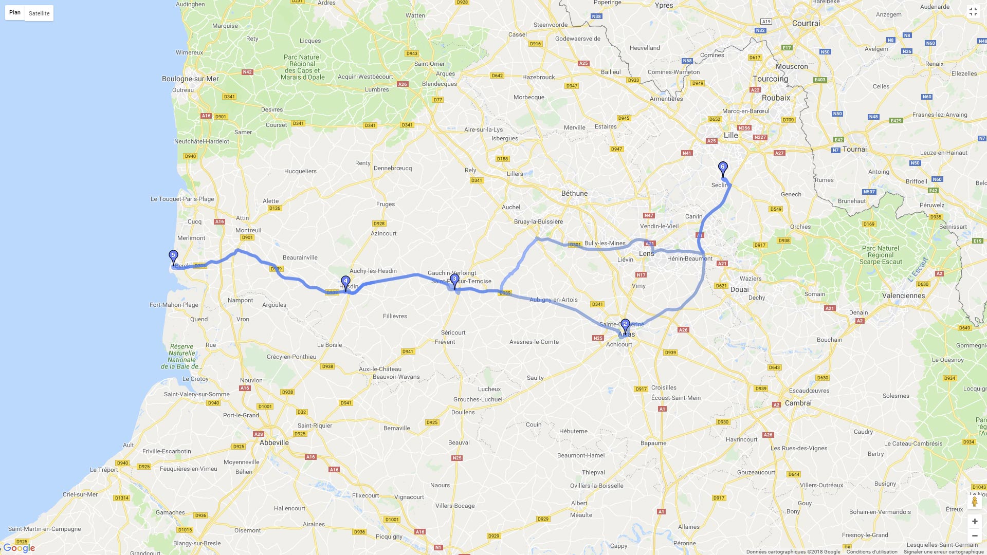 Pour zoomer sur la carte et avoir plus de détails, connectez-vous ! Carte roadbook Vers Berck