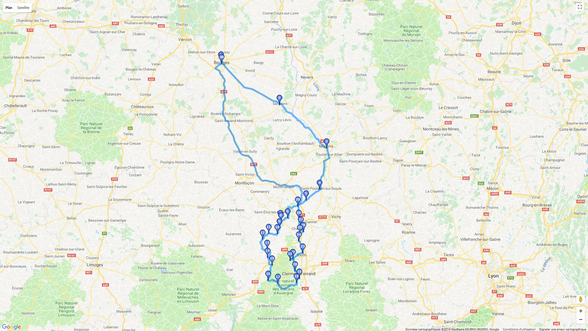 Pour zoomer sur la carte et avoir plus de détails, connectez-vous ! Carte roadbook De Bourges vers la Sioule