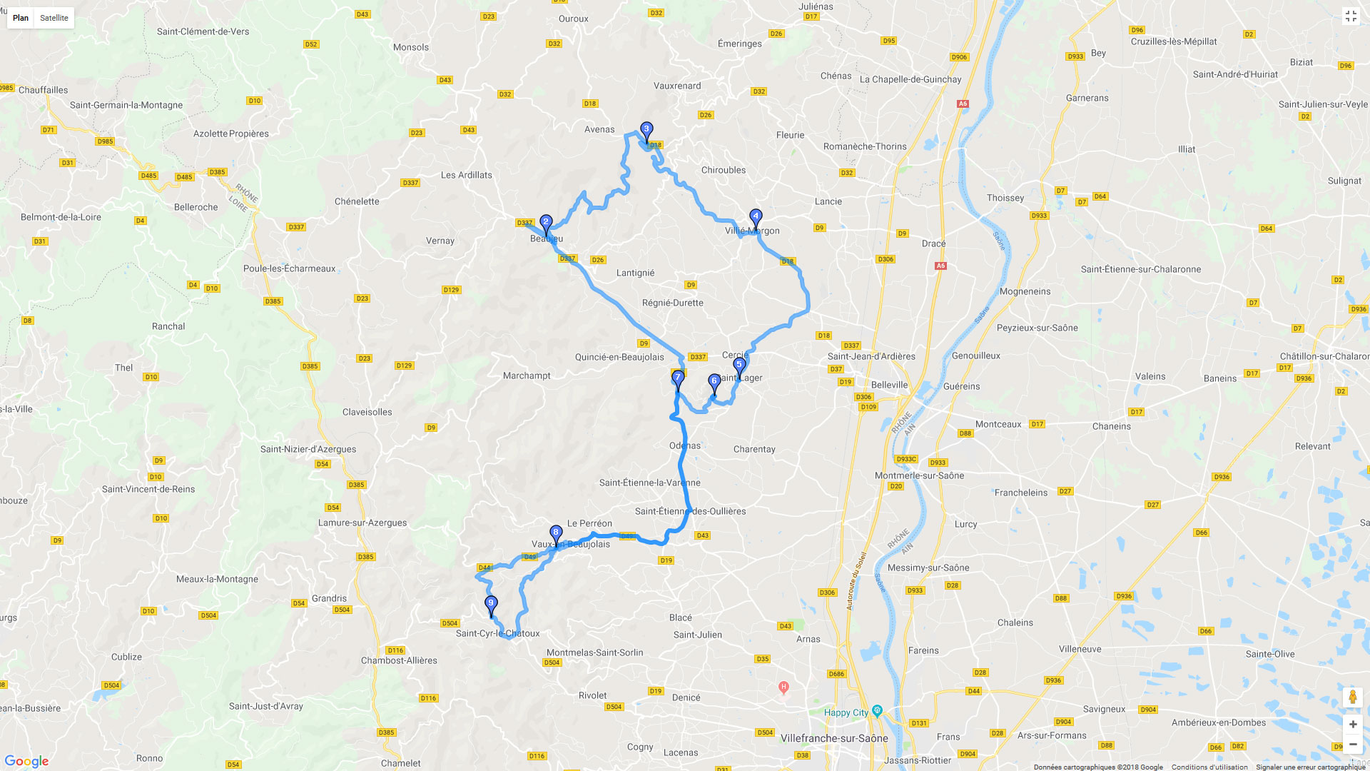 Pour zoomer sur la carte et avoir plus de détails, connectez-vous ! Carte roadbook Petit plaisir sur les routes du Beaujolais