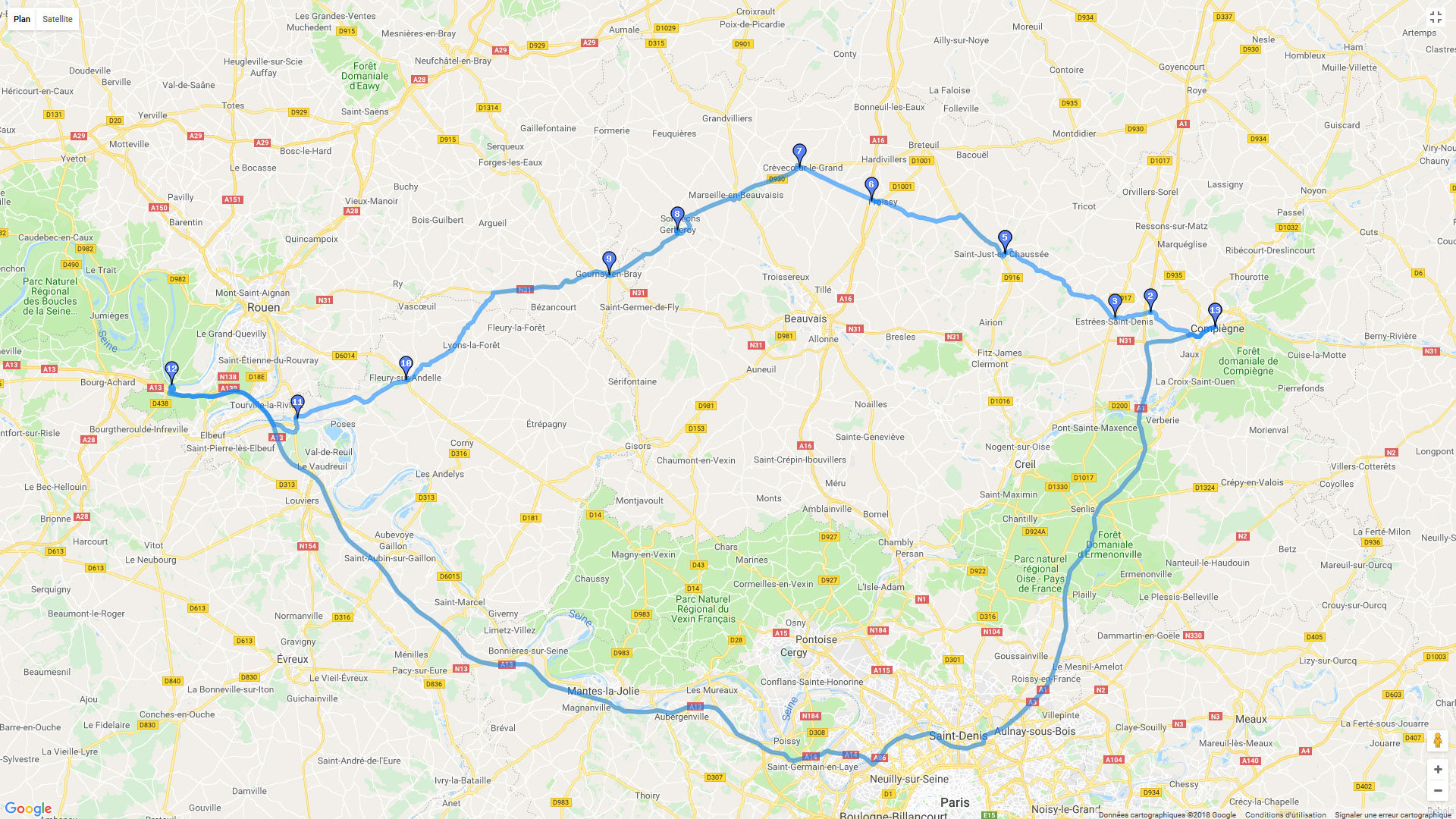 Pour zoomer sur la carte et avoir plus de détails, connectez-vous ! Carte roadbook Compiègne la Bouille