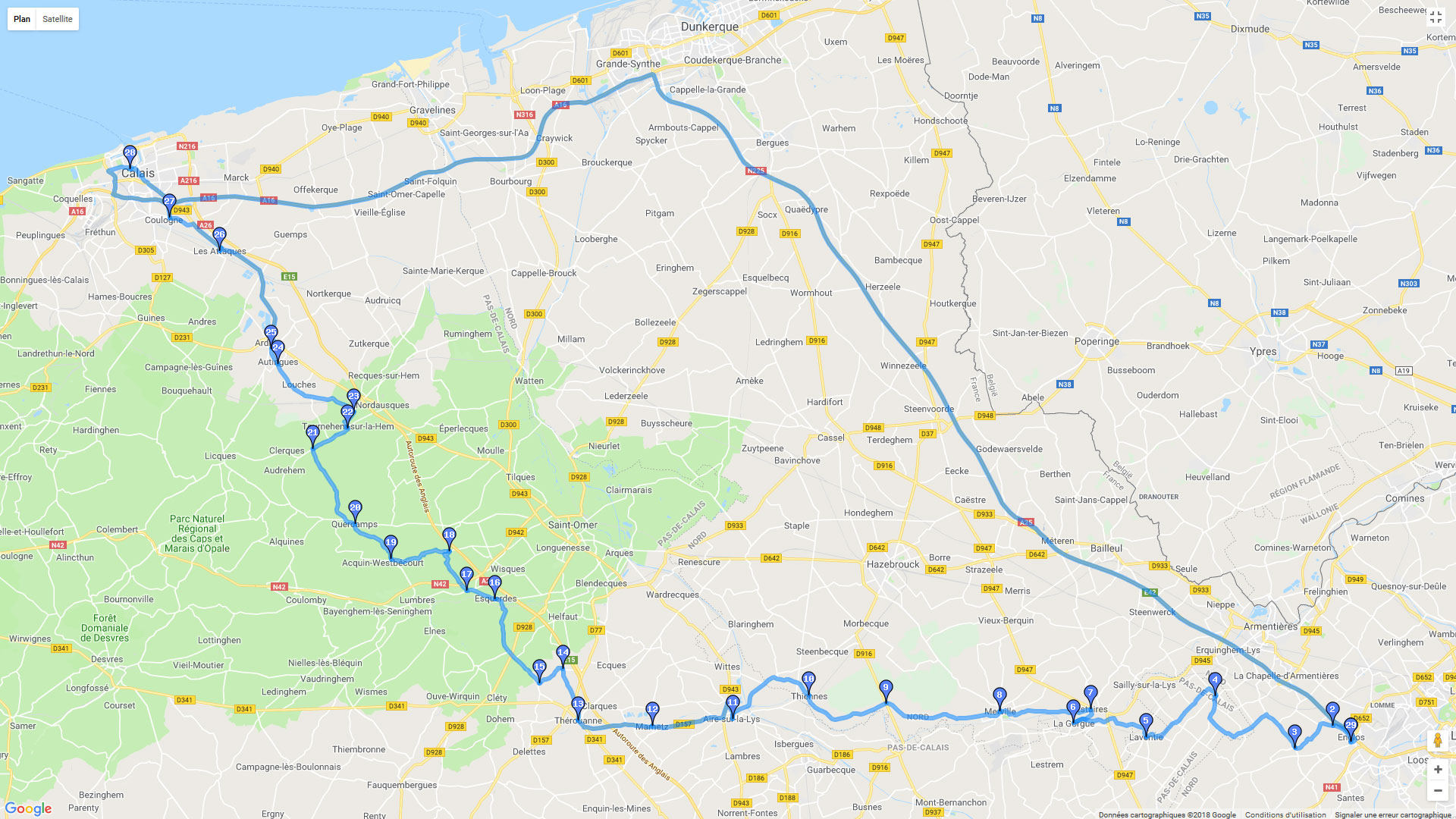 Pour zoomer sur la carte et avoir plus de détails, connectez-vous ! Carte roadbook Caps et Marais d'Opale