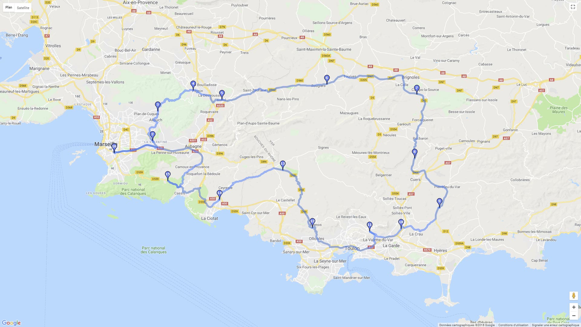 Pour zoomer sur la carte et avoir plus de détails, connectez-vous ! Carte roadbook Entre Marseille et Toulon