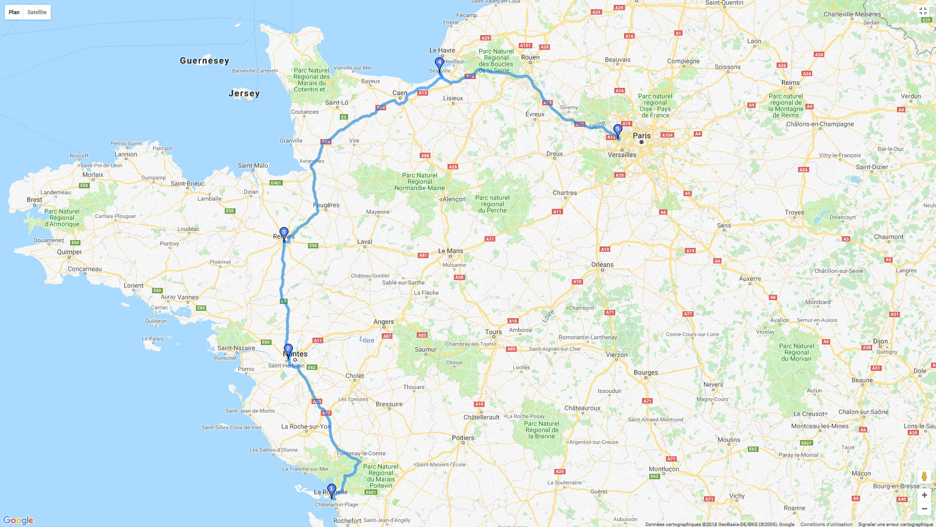 Pour zoomer sur la carte et avoir plus de détails, connectez-vous ! Carte roadbook Paris Deauville Rennes La Rochelle