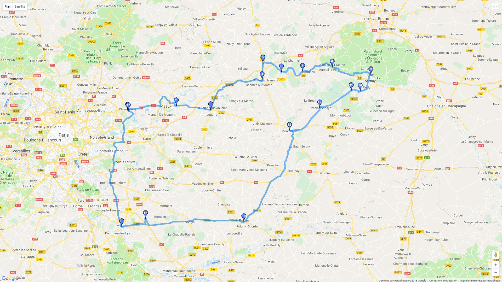 Pour zoomer sur la carte et avoir plus de détails, connectez-vous ! Carte roadbook Seine et Marne et Marne