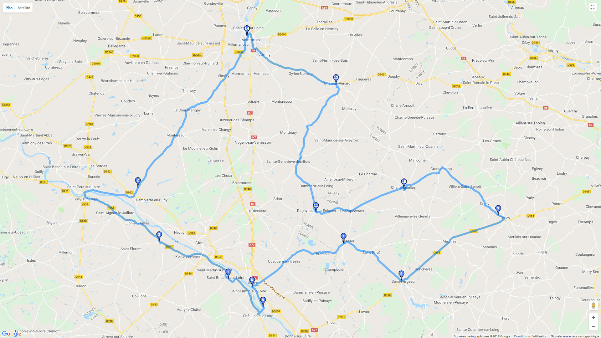 Pour zoomer sur la carte et avoir plus de détails, connectez-vous ! Carte roadbook Montargis, Bord de Loire et Bourgogne