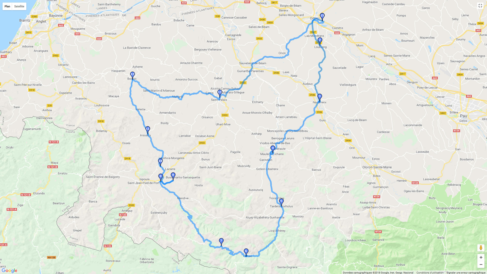 Pour zoomer sur la carte et avoir plus de détails, connectez-vous ! Carte roadbook Au sud de Bayonne