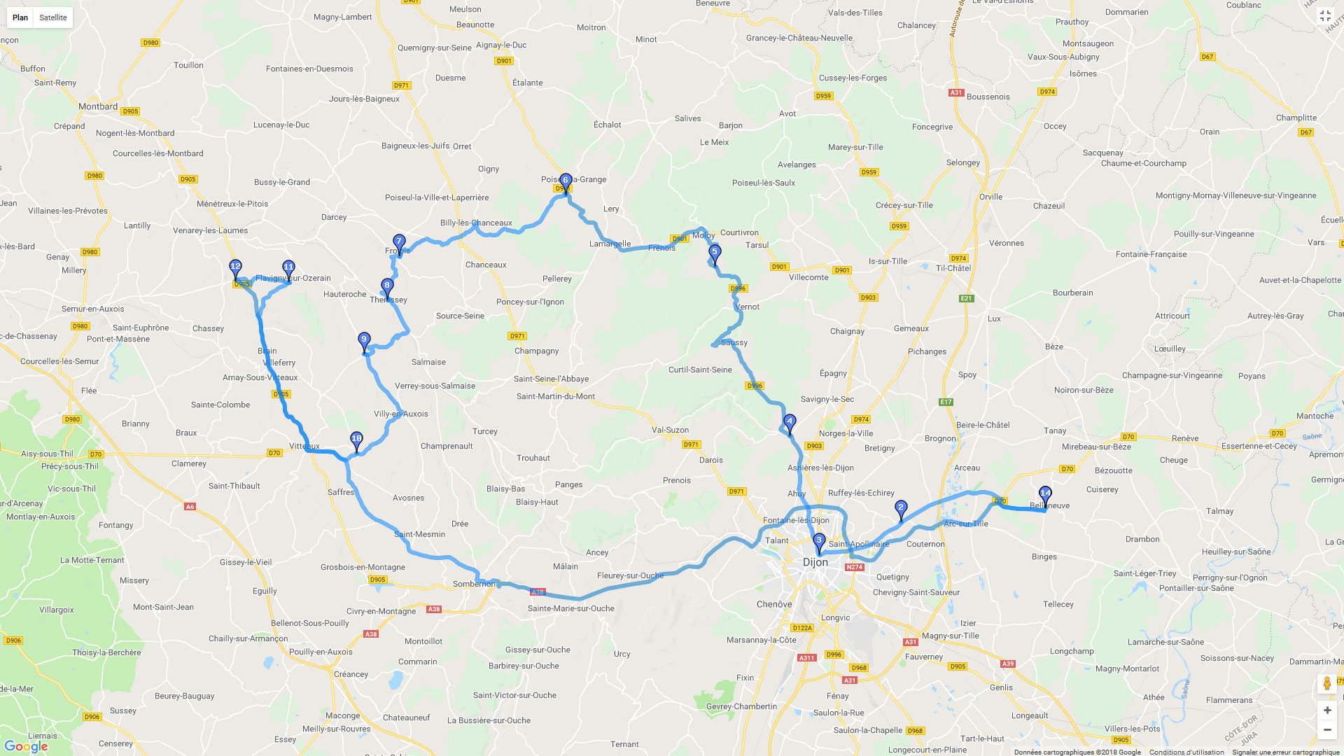 Pour zoomer sur la carte et avoir plus de détails, connectez-vous ! Carte roadbook Autour de Dijon