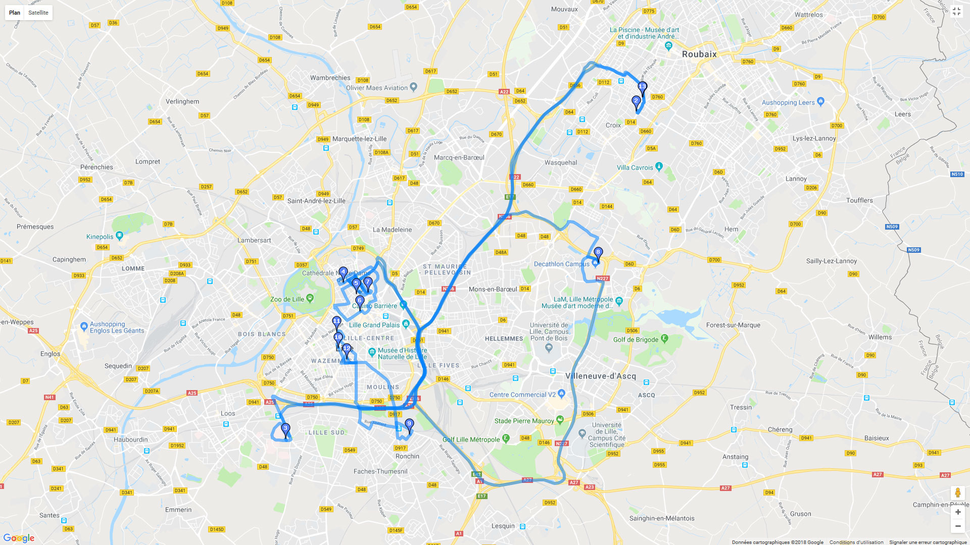 Pour zoomer sur la carte et avoir plus de détails, connectez-vous ! Carte roadbook Lille