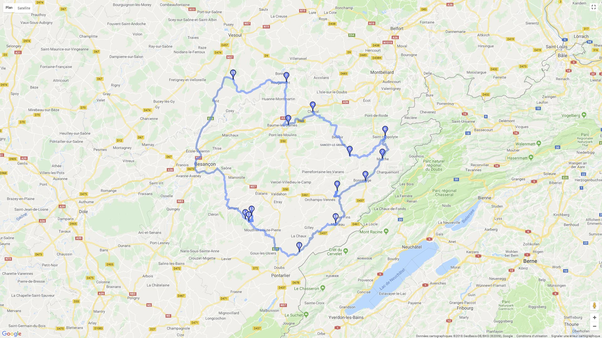 Pour zoomer sur la carte et avoir plus de détails, connectez-vous ! Carte roadbook Jura Vésoul Vallée de la Loue