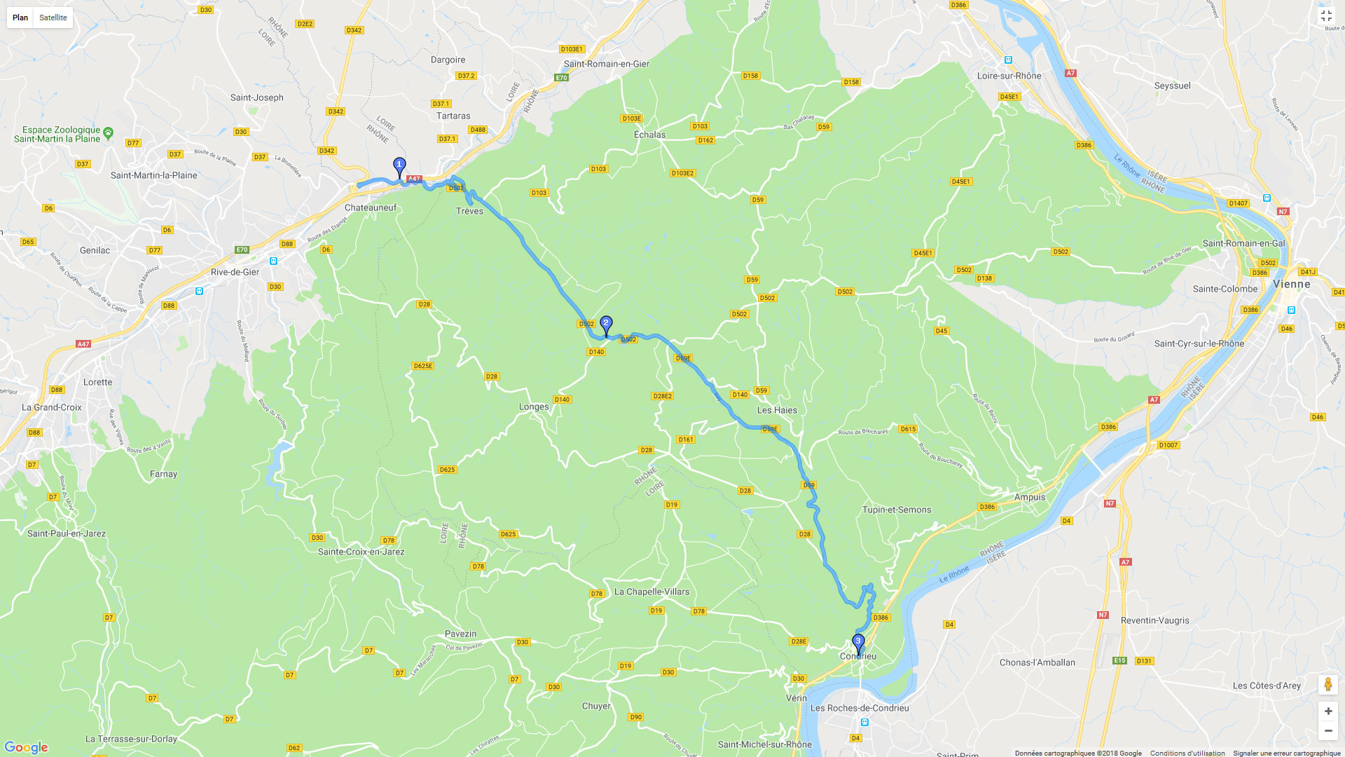 Pour zoomer sur la carte et avoir plus de détails, connectez-vous ! Carte roadbook Condrieu