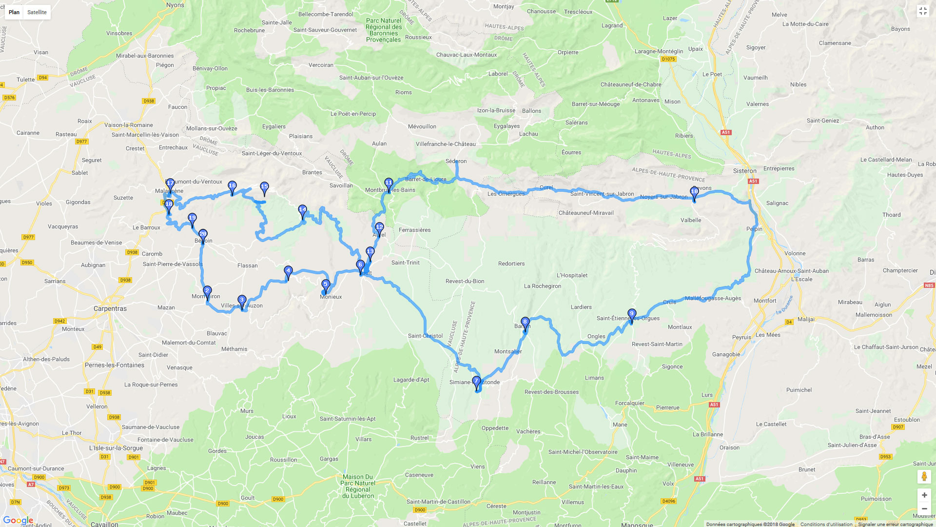Pour zoomer sur la carte et avoir plus de détails, connectez-vous ! Carte roadbook Entre Lubéron et Mont Ventoux