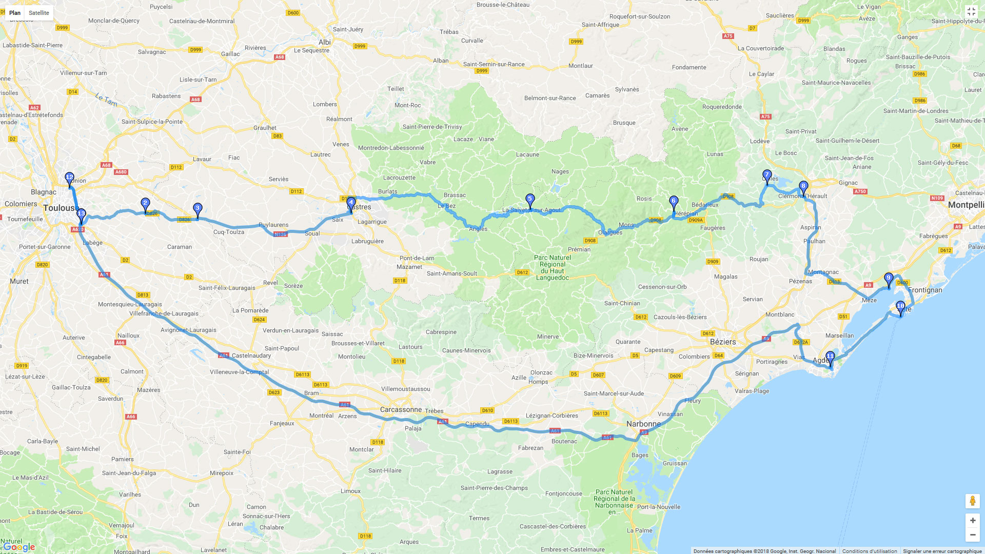 Pour zoomer sur la carte et avoir plus de détails, connectez-vous ! Carte roadbook Haut Languedoc et grande bleue