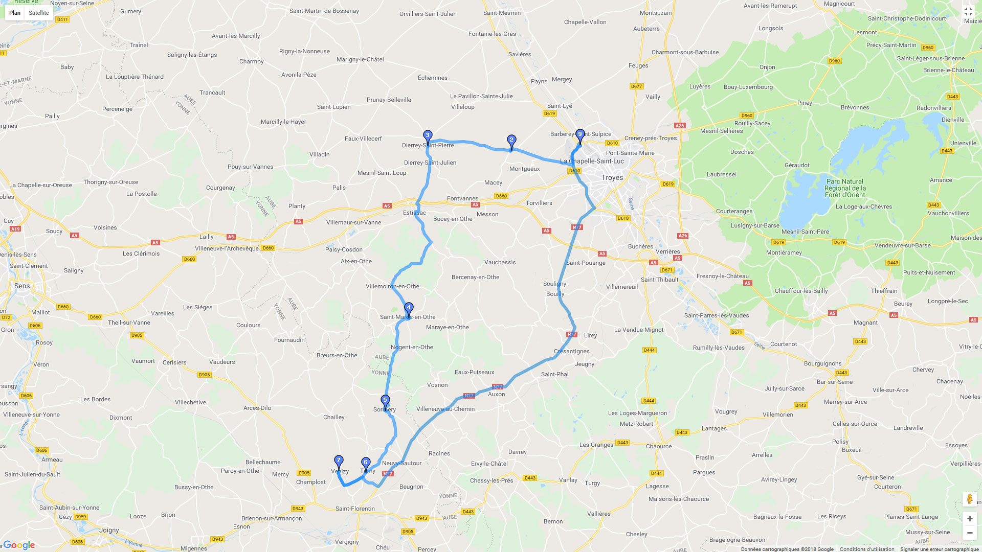 Pour zoomer sur la carte et avoir plus de détails, connectez-vous ! Carte roadbook A l'ouest de Troyes