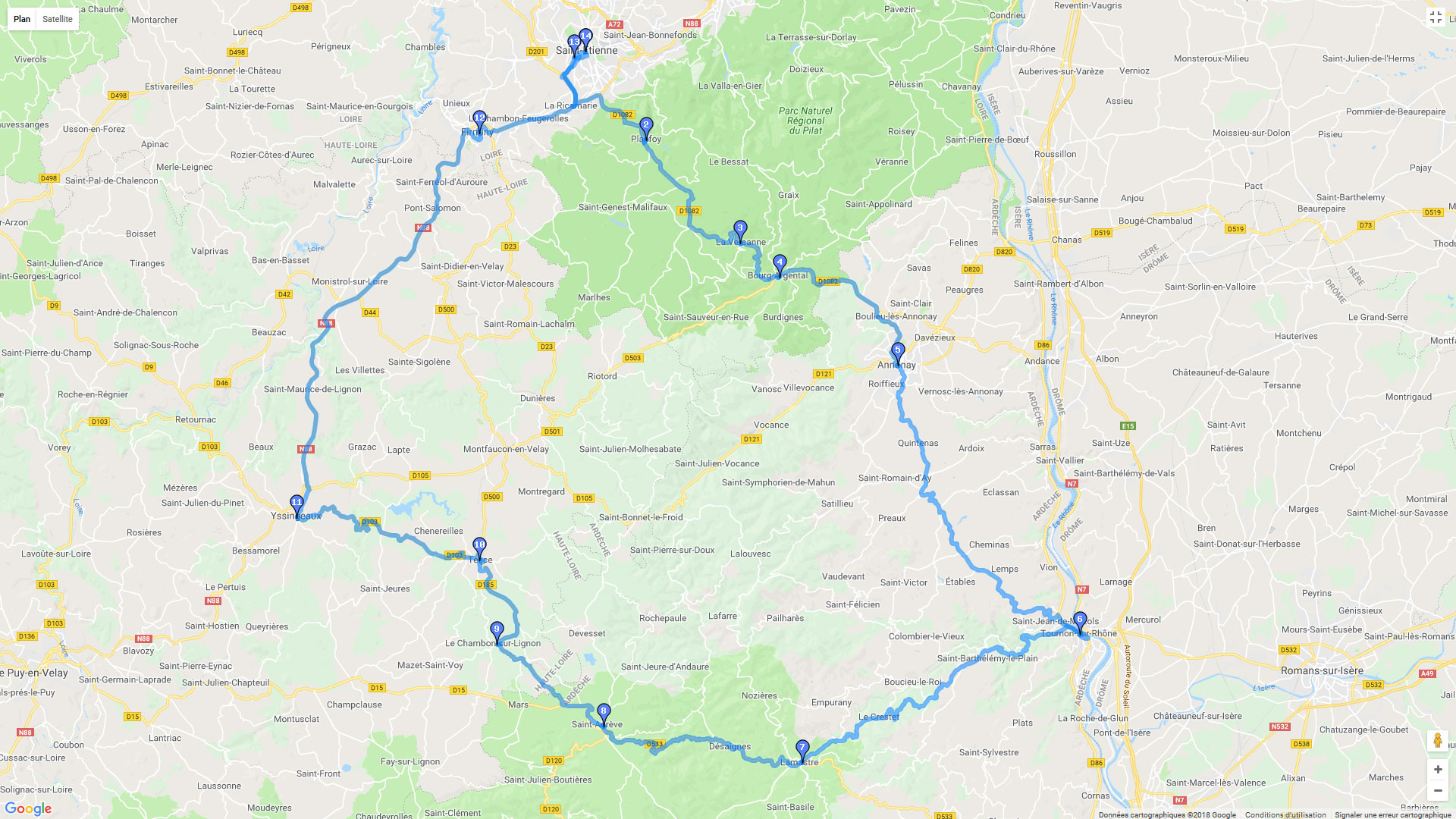 Pour zoomer sur la carte et avoir plus de détails, connectez-vous ! Carte roadbook Boucle St-Etienne-Lamastre