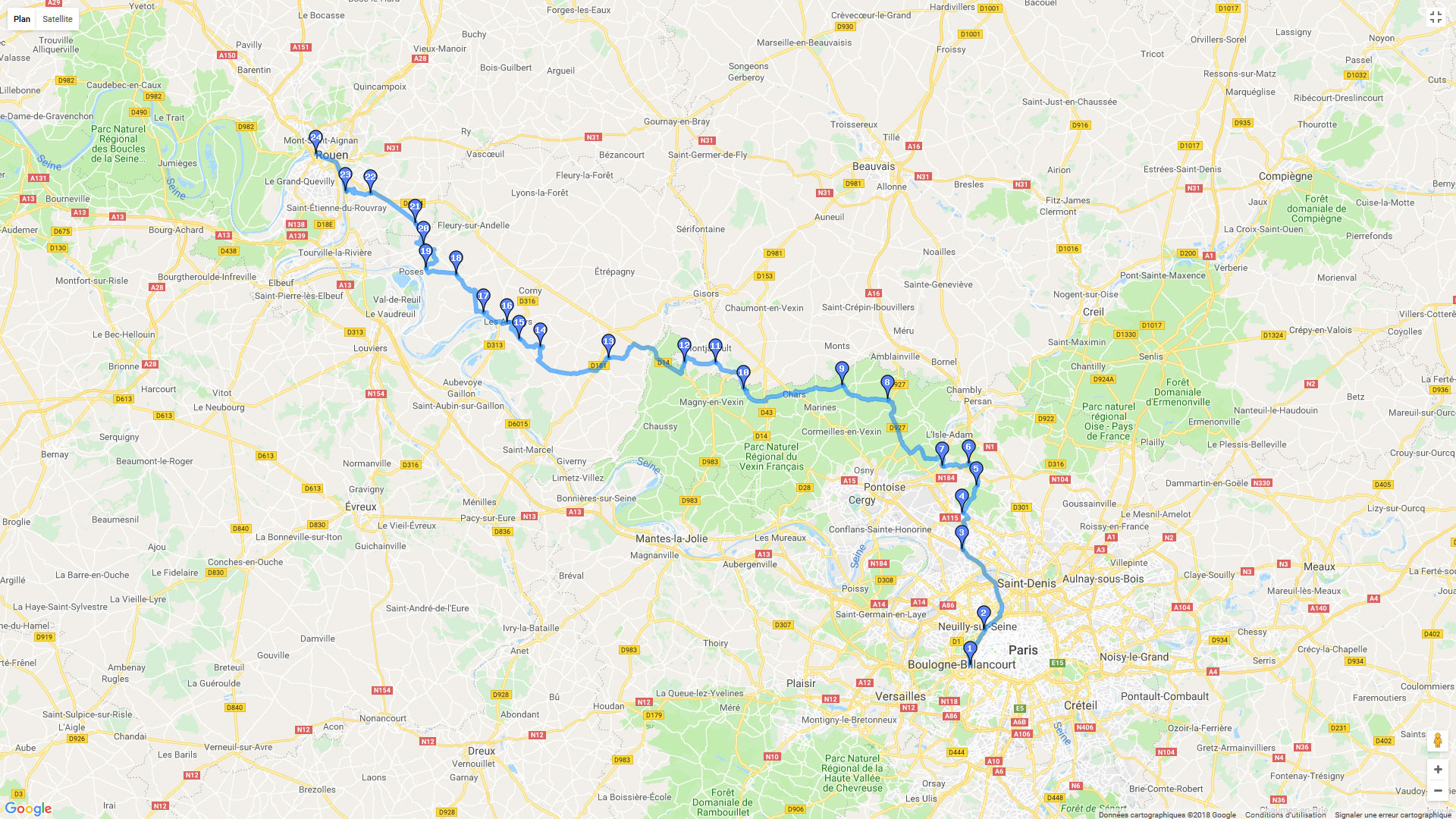 Pour zoomer sur la carte et avoir plus de détails, connectez-vous ! Carte roadbook Paris Rouen