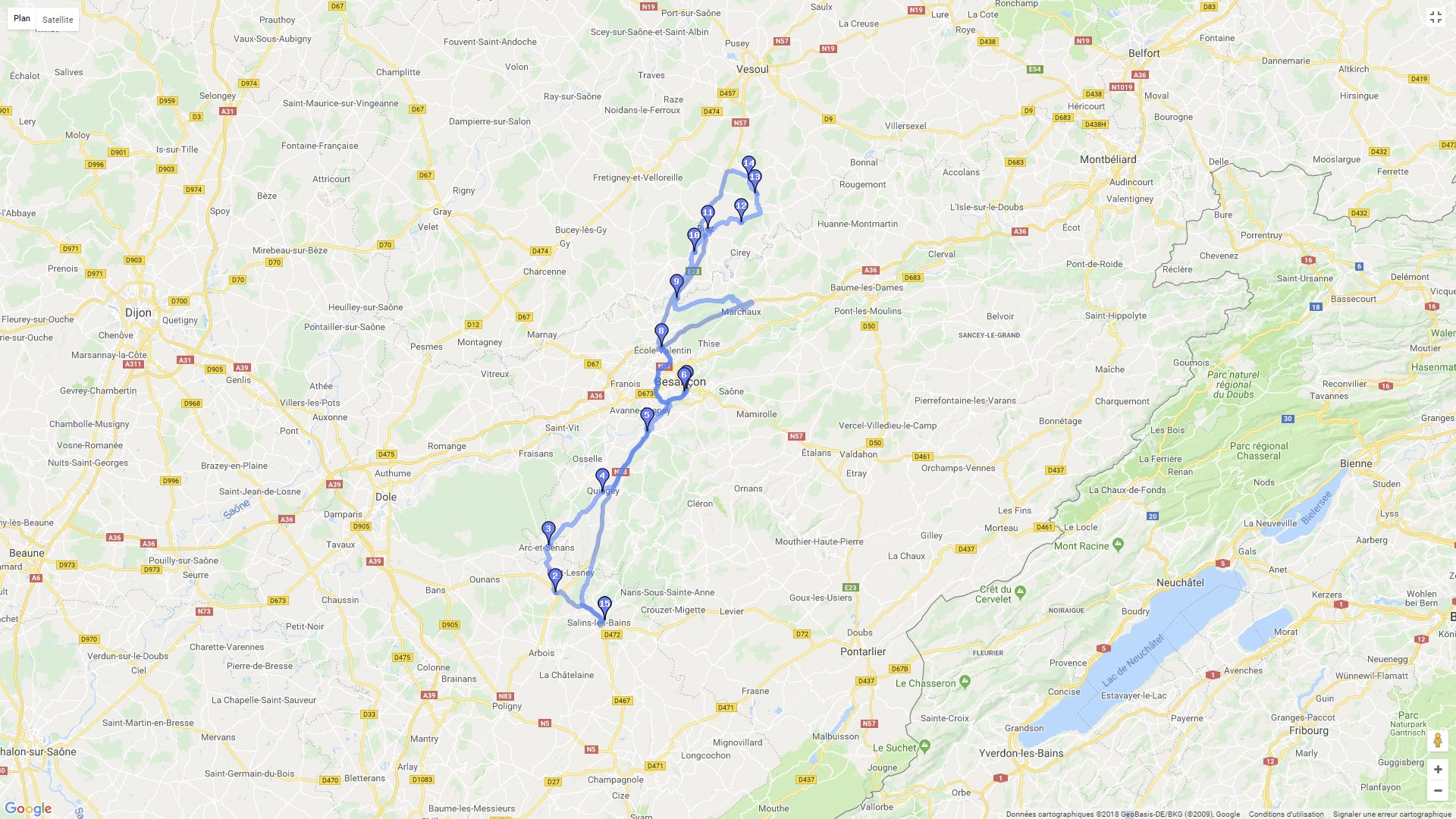 Pour zoomer sur la carte et avoir plus de détails, connectez-vous ! Carte roadbook Jura Arbois Vesoul