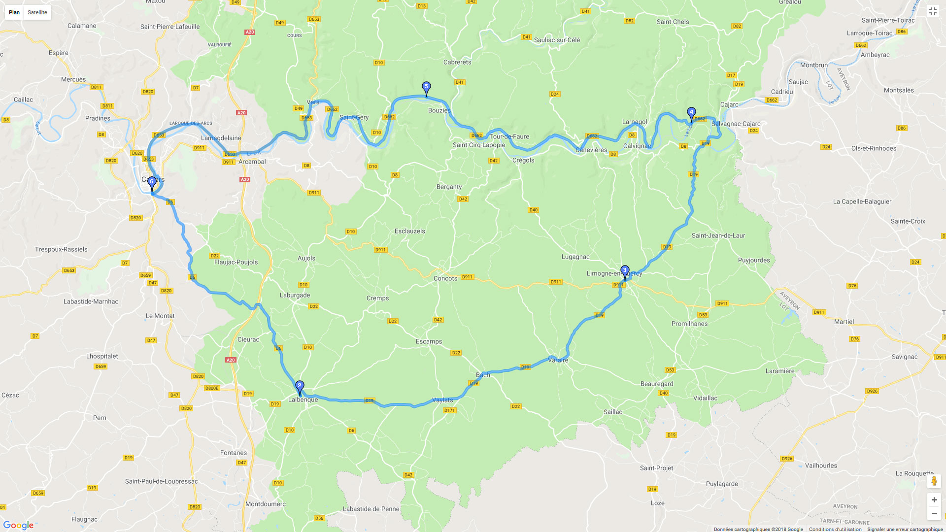 Pour zoomer sur la carte et avoir plus de détails, connectez-vous ! Carte roadbook Cahors à Saint Cyr Lapopie
