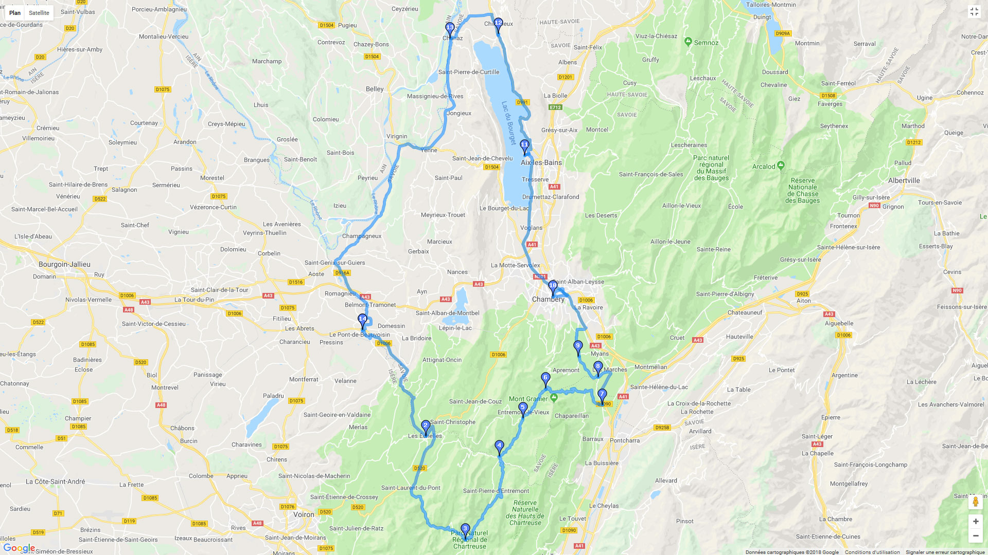 Pour zoomer sur la carte et avoir plus de détails, connectez-vous ! Carte roadbook Chartreuse et lac du Bourget
