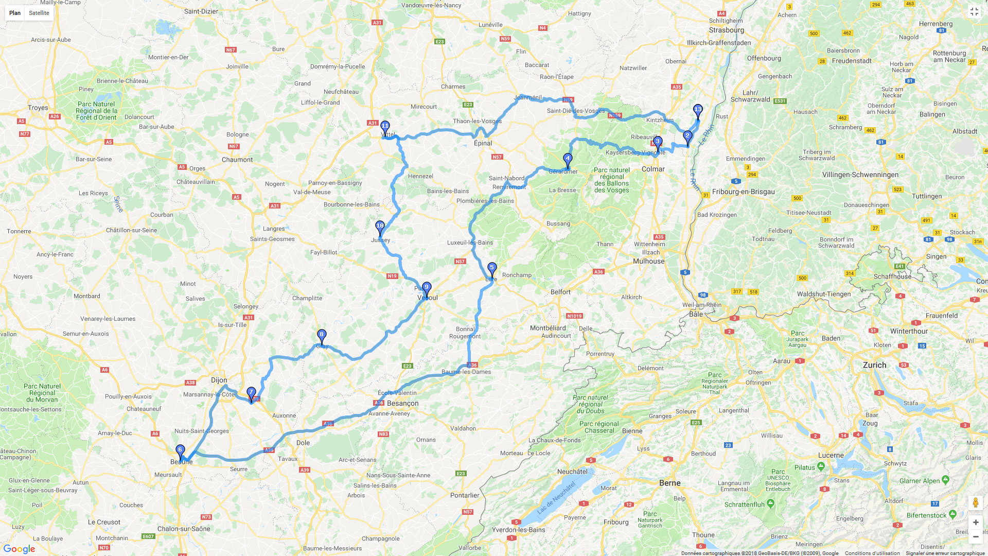 Pour zoomer sur la carte et avoir plus de détails, connectez-vous ! Carte roadbook Strasbourg Dijon et Ballons Comptois