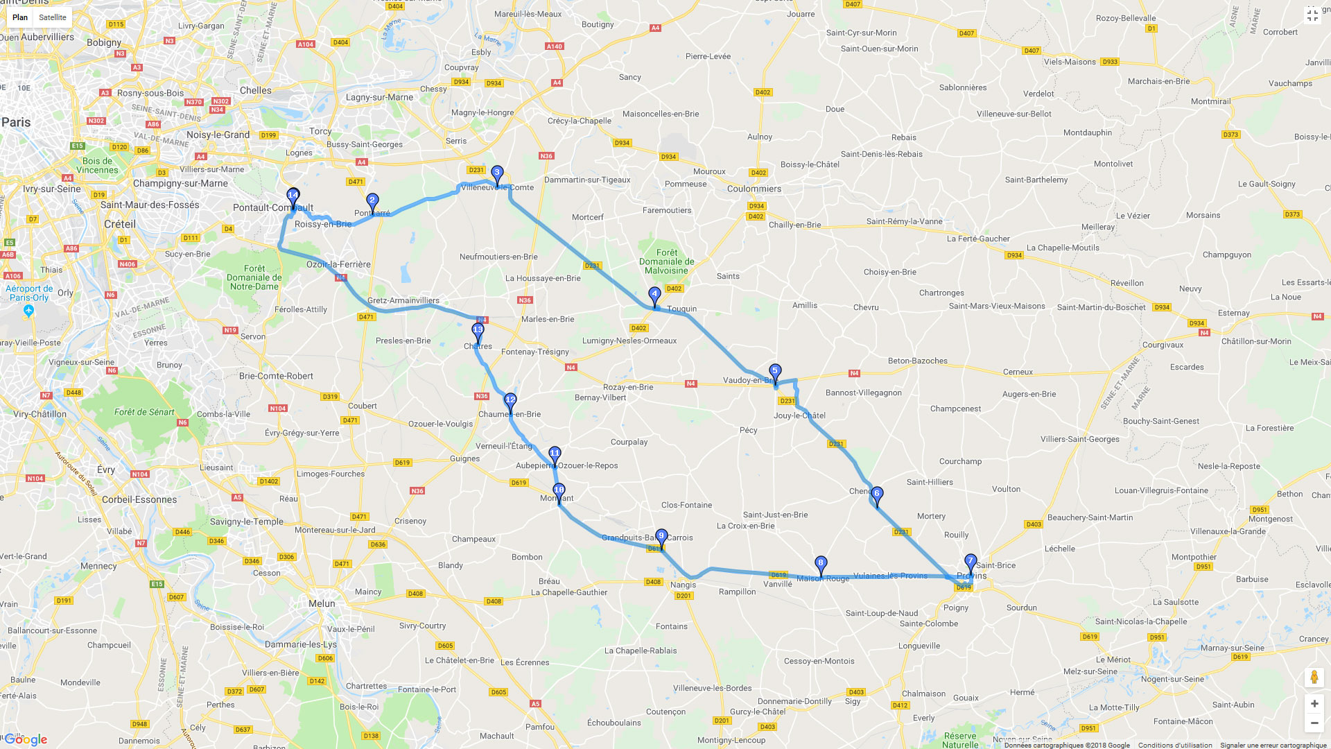 Pour zoomer sur la carte et avoir plus de détails, connectez-vous ! Carte roadbook Vers Provins