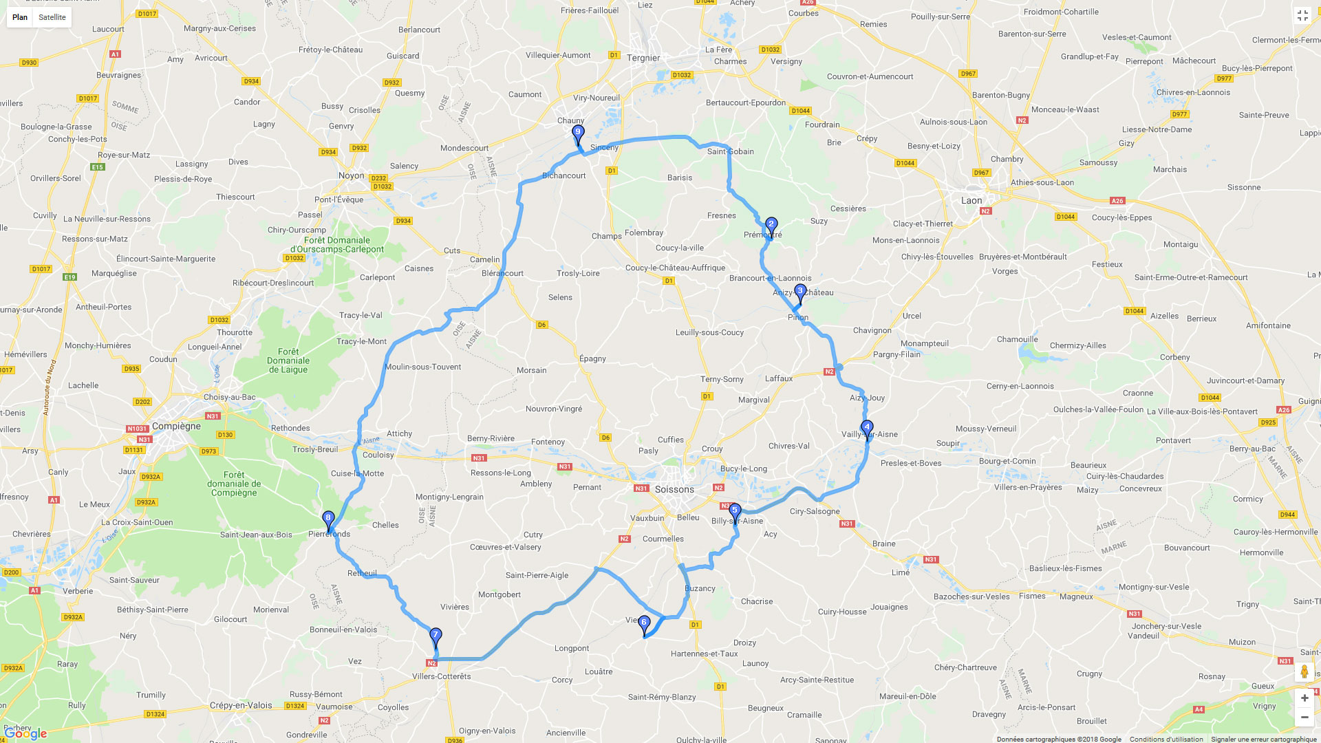 Pour zoomer sur la carte et avoir plus de détails, connectez-vous ! Carte roadbook Autour de Soissons