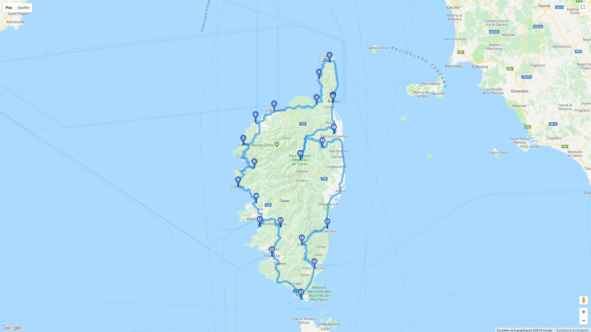 Pour zoomer sur la carte et avoir plus de détails, connectez-vous ! Carte roadbook Tour de Corse