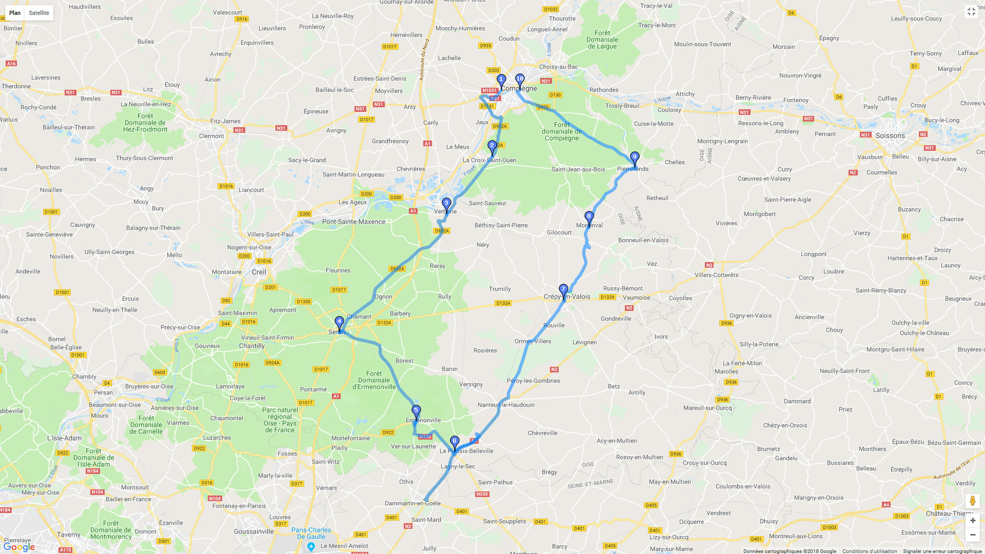Pour zoomer sur la carte et avoir plus de détails, connectez-vous ! Carte roadbook Autour de Compiégne
