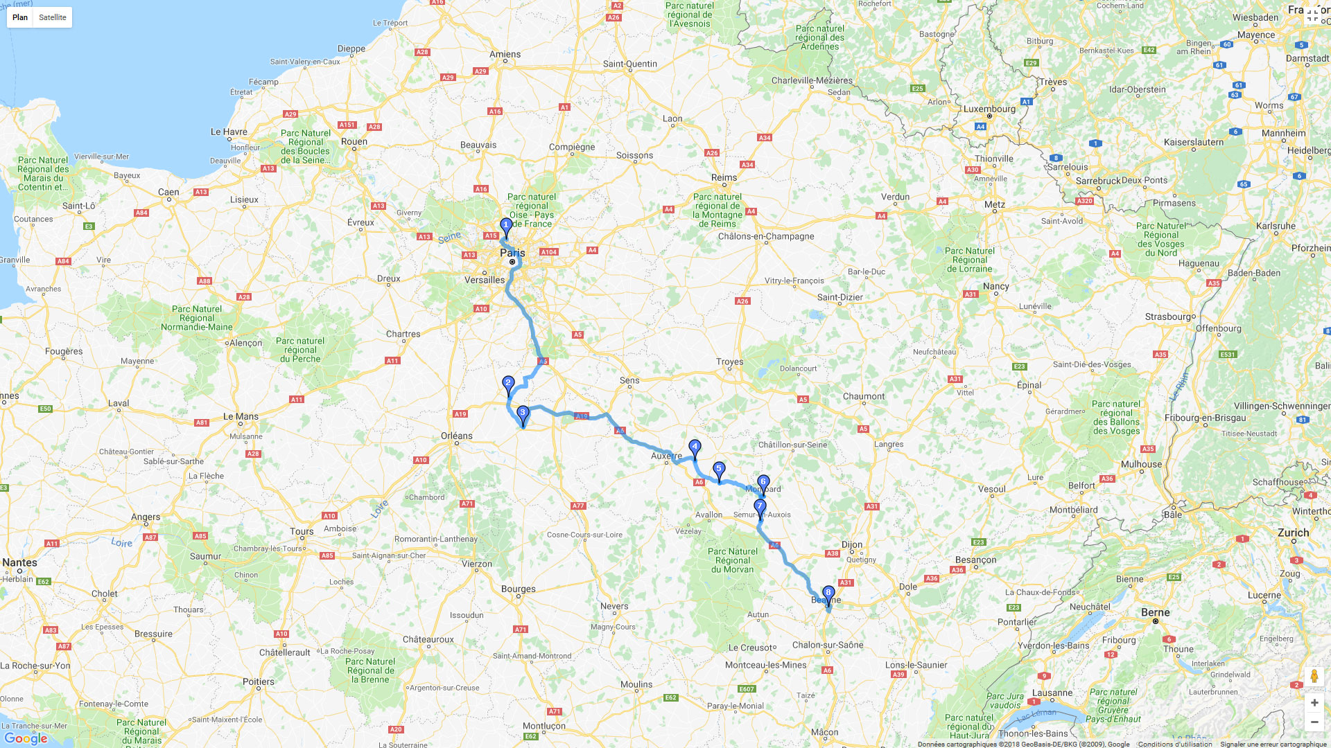 Pour zoomer sur la carte et avoir plus de détails, connectez-vous ! Carte roadbook Paris Beaune
