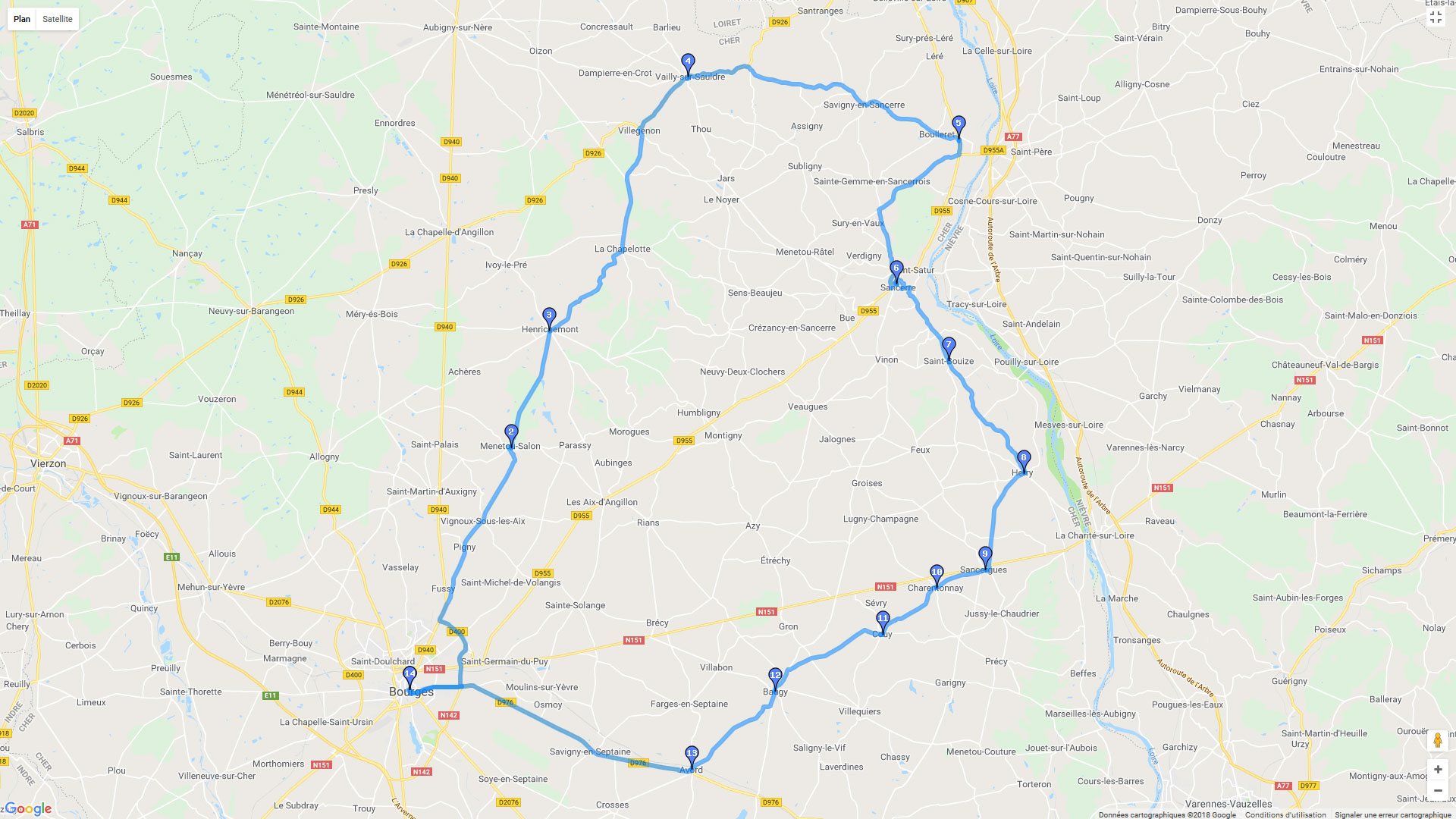 Pour zoomer sur la carte et avoir plus de détails, connectez-vous ! Carte roadbook Bourges et le sancerrois