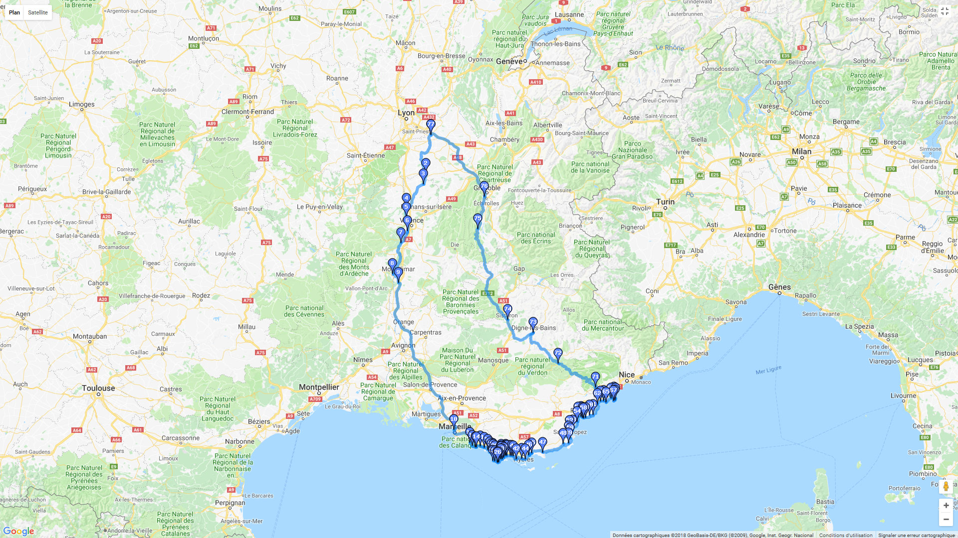 Pour zoomer sur la carte et avoir plus de détails, connectez-vous ! Carte roadbook Côtes méditerranéennes