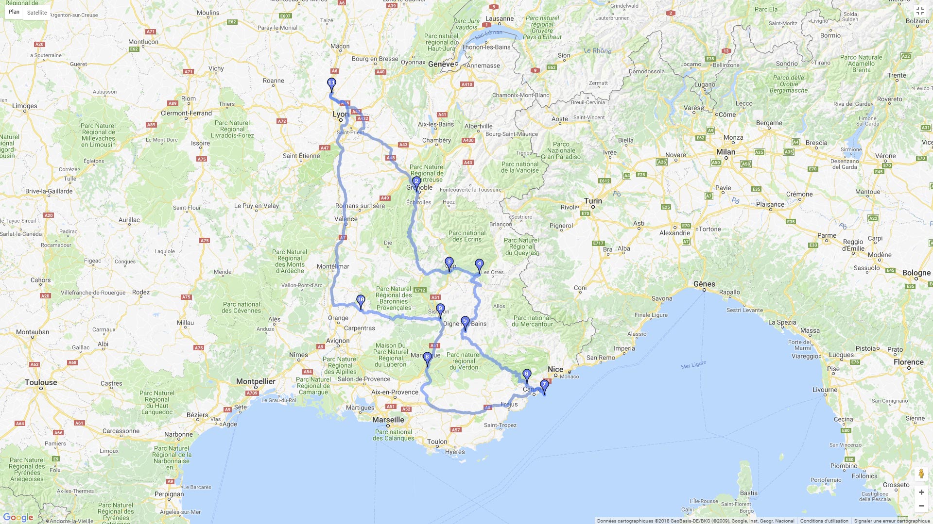 Pour zoomer sur la carte et avoir plus de détails, connectez-vous ! Carte roadbook Lyon route Napoléon