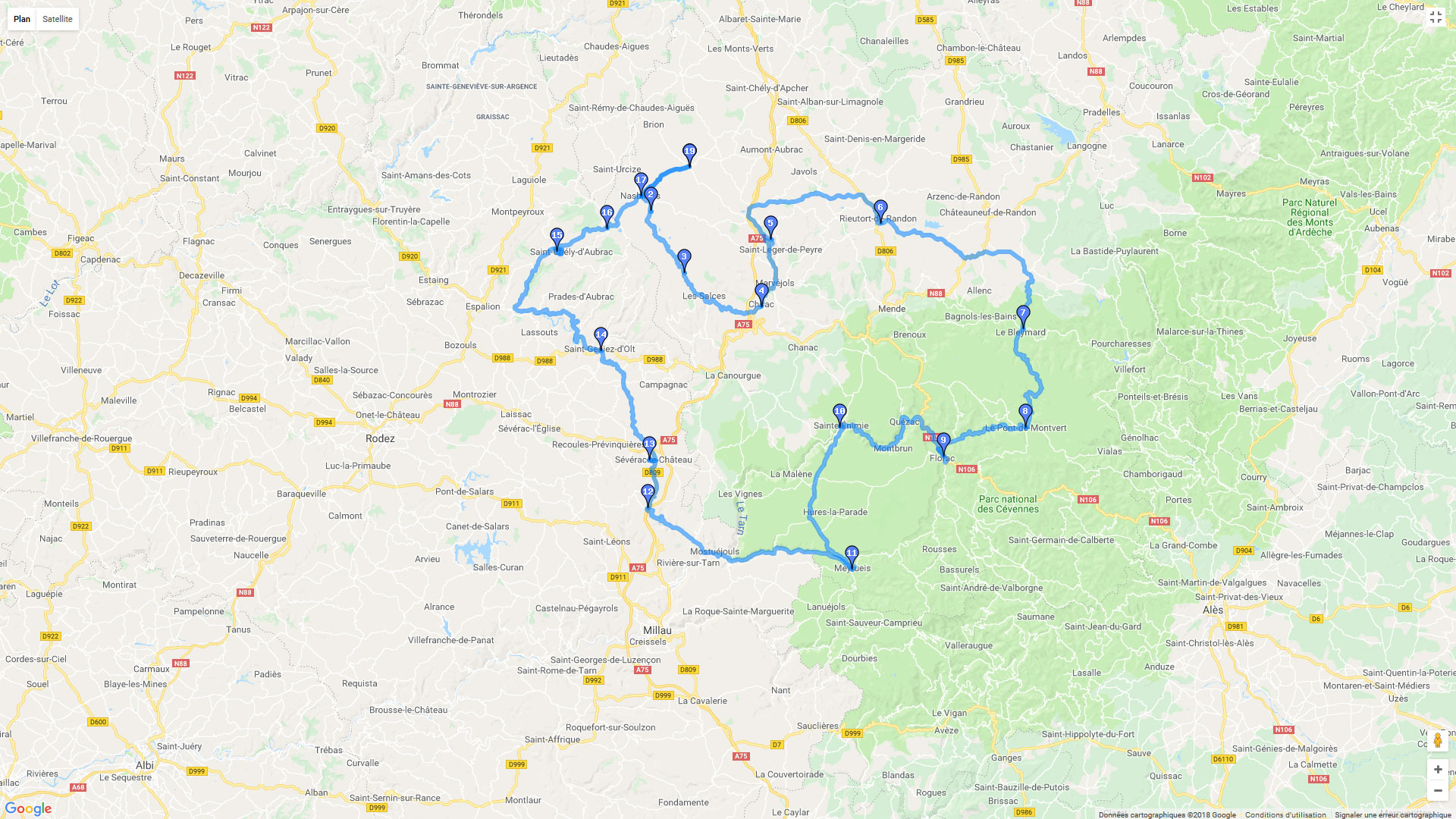 Pour zoomer sur la carte et avoir plus de détails, connectez-vous ! Carte roadbook Aubrac et Cévennes