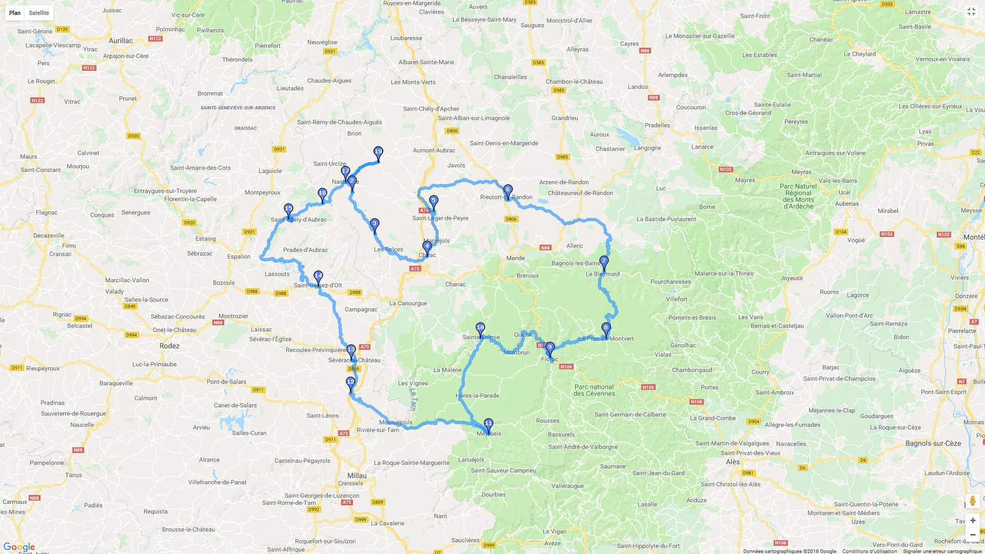 Pour zoomer sur la carte et avoir plus de détails, connectez-vous ! Carte roadbook Aubrac et Cévennes