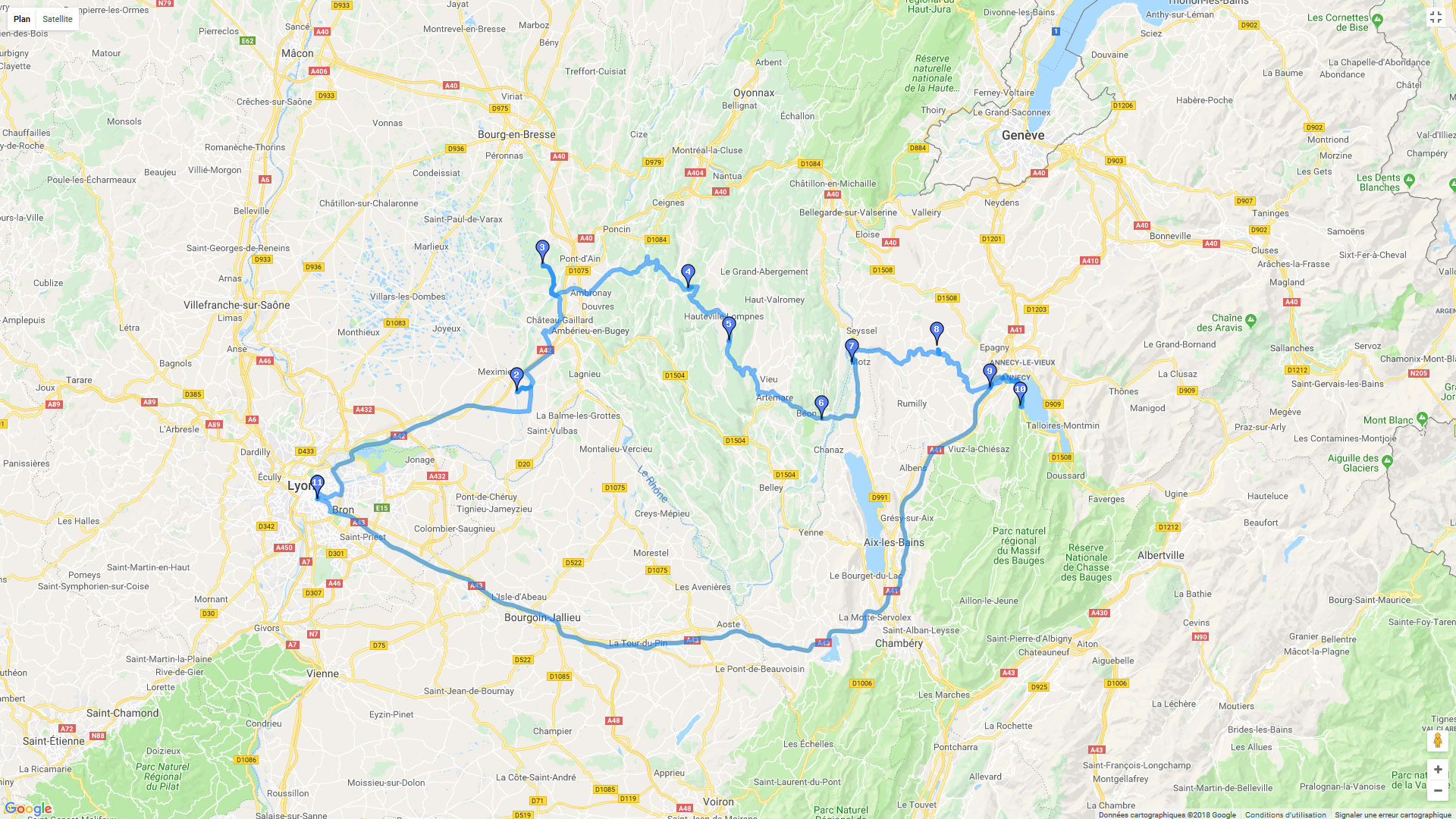Pour zoomer sur la carte et avoir plus de détails, connectez-vous ! Carte roadbook Lyon Annecy Sevrier