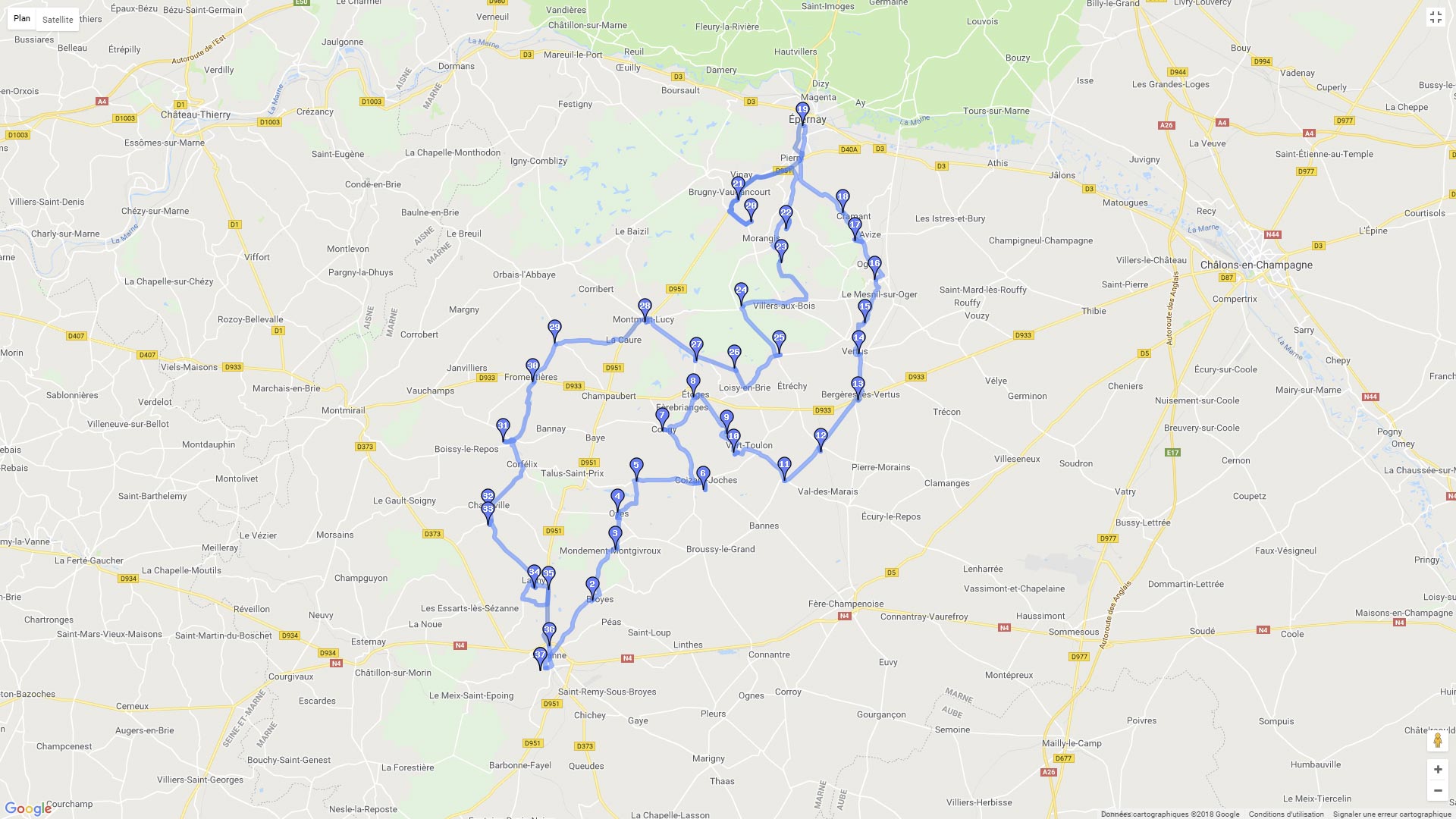 Pour zoomer sur la carte et avoir plus de détails, connectez-vous ! Carte roadbook La route du Champagne